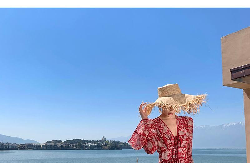 Long-Sleeve V-Neck Floral Print Tie Front Maxi A-Line Dress Product Image