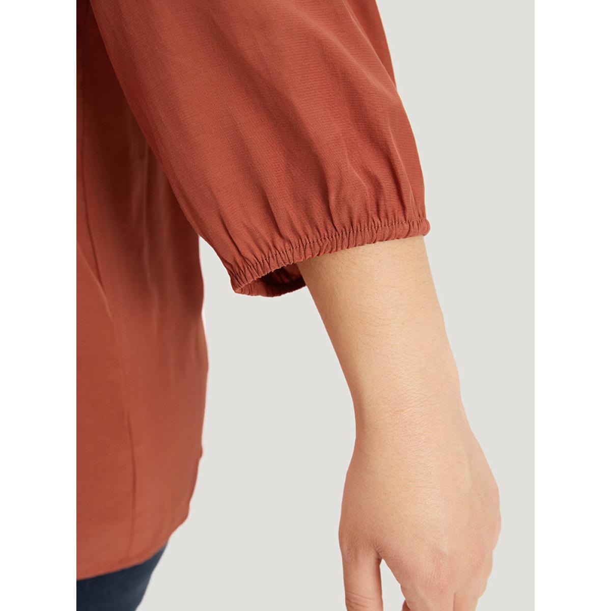 Plus Size Chocolate Plain Notched Button Through Elastic Cuffs Shirred Blouse Women Office Elbow-length sleeve V-neck Work Blouses BloomChic 10/M Product Image