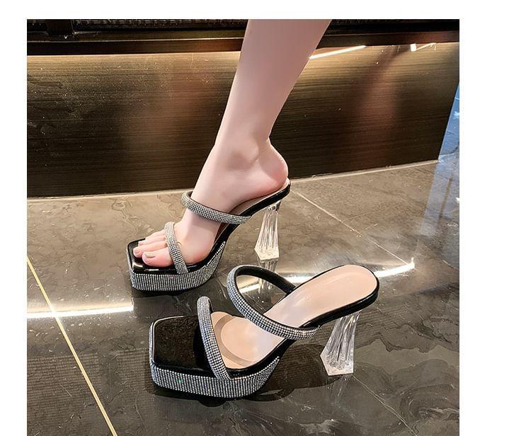 Square-Toe Rhinestone Trim Chunky Heel Slide Sandals Product Image