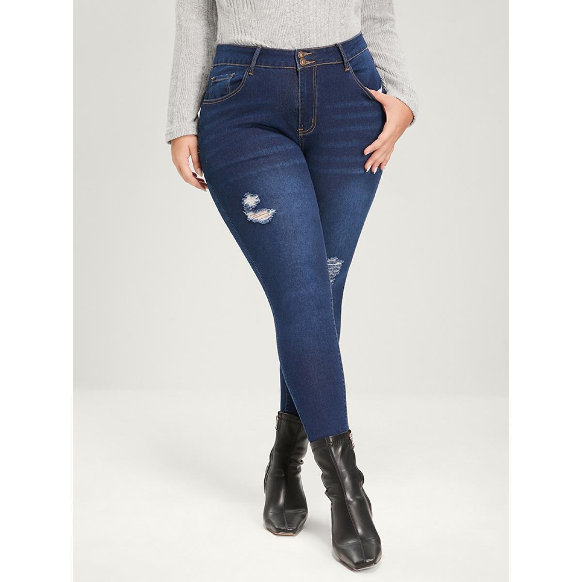 Plus Size Skinny Extremely Stretchy High Rise Dark Wash Distressed Jeans Women Blue Casual Plain Distressed High stretch Pocket Jeans BloomChic 20/2X Product Image