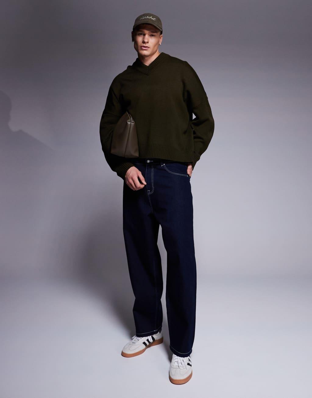 ASOS DESIGN super oversized boxy fit knitted v neck sweater in khaki Product Image