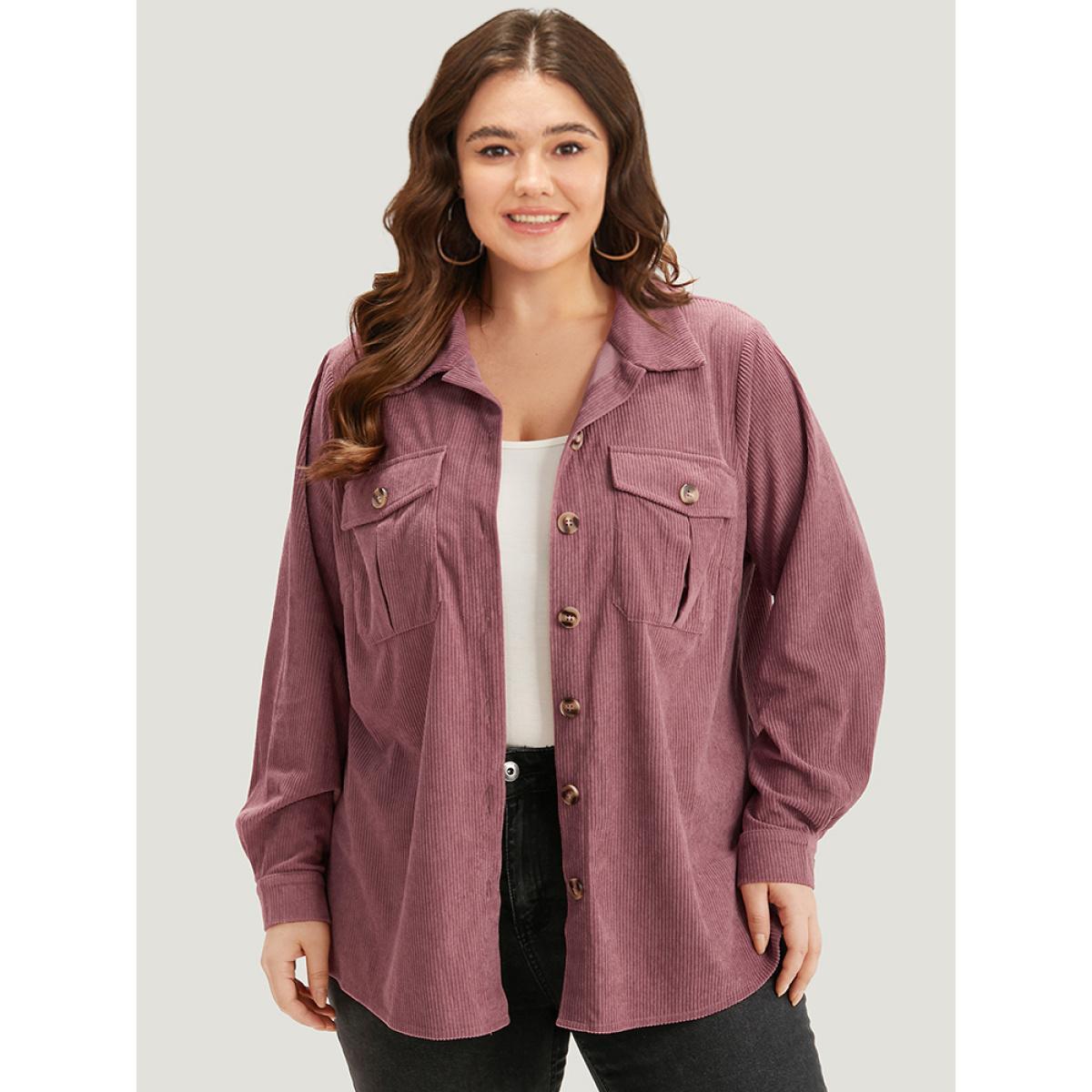 Plus Size Plain Texture Pocket Button Through Shirt Collar Coat Women DustyPink Casual Texture Ladies Dailywear Winter Coats BloomChic 14-16/1X Product Image