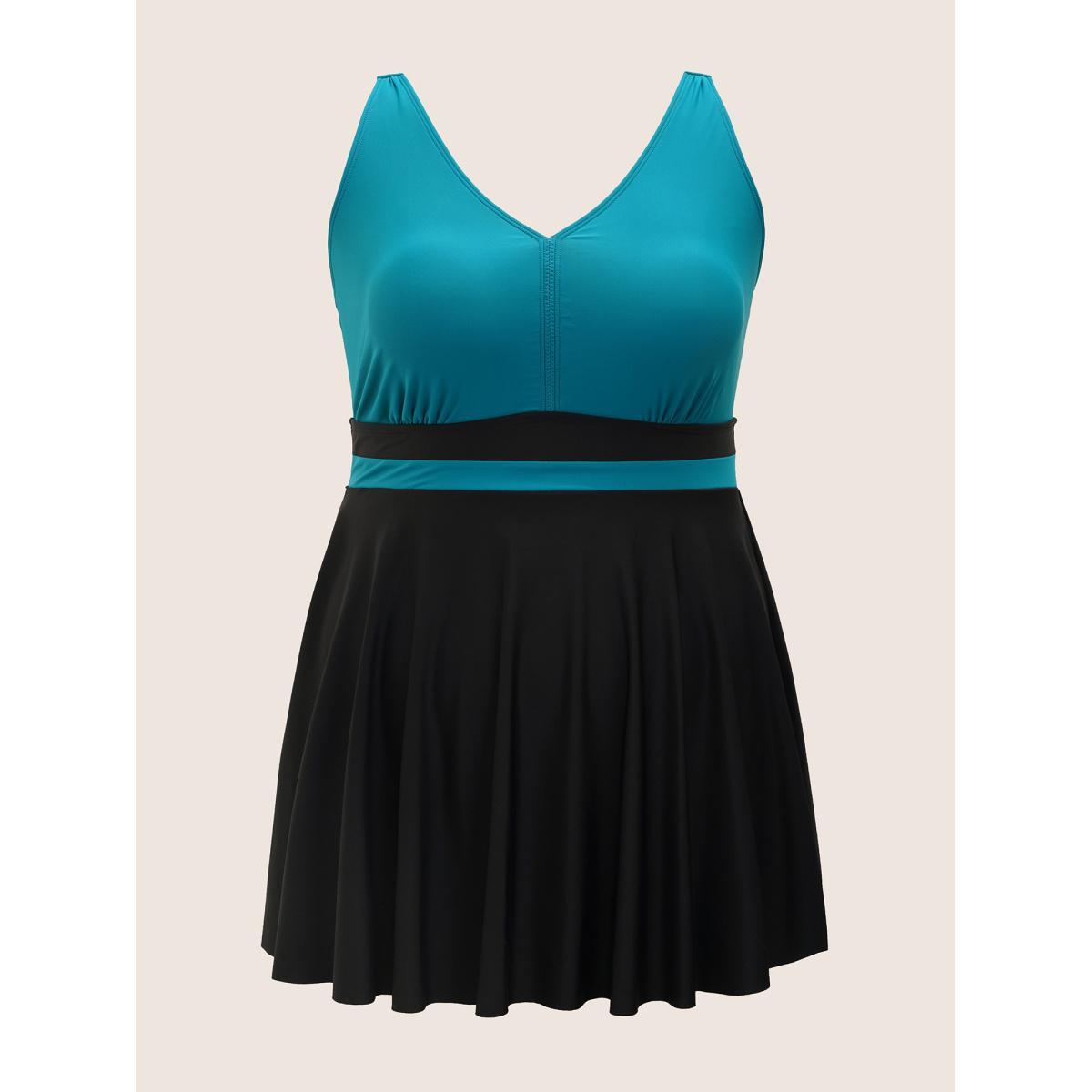 Plus Size V Neck Two Tone Patchwork Swim Dress Women's Swimwear Emerald Beach Bodycon V-neck High stretch Curve Swim Dresses BloomChic 28/5X Product Image