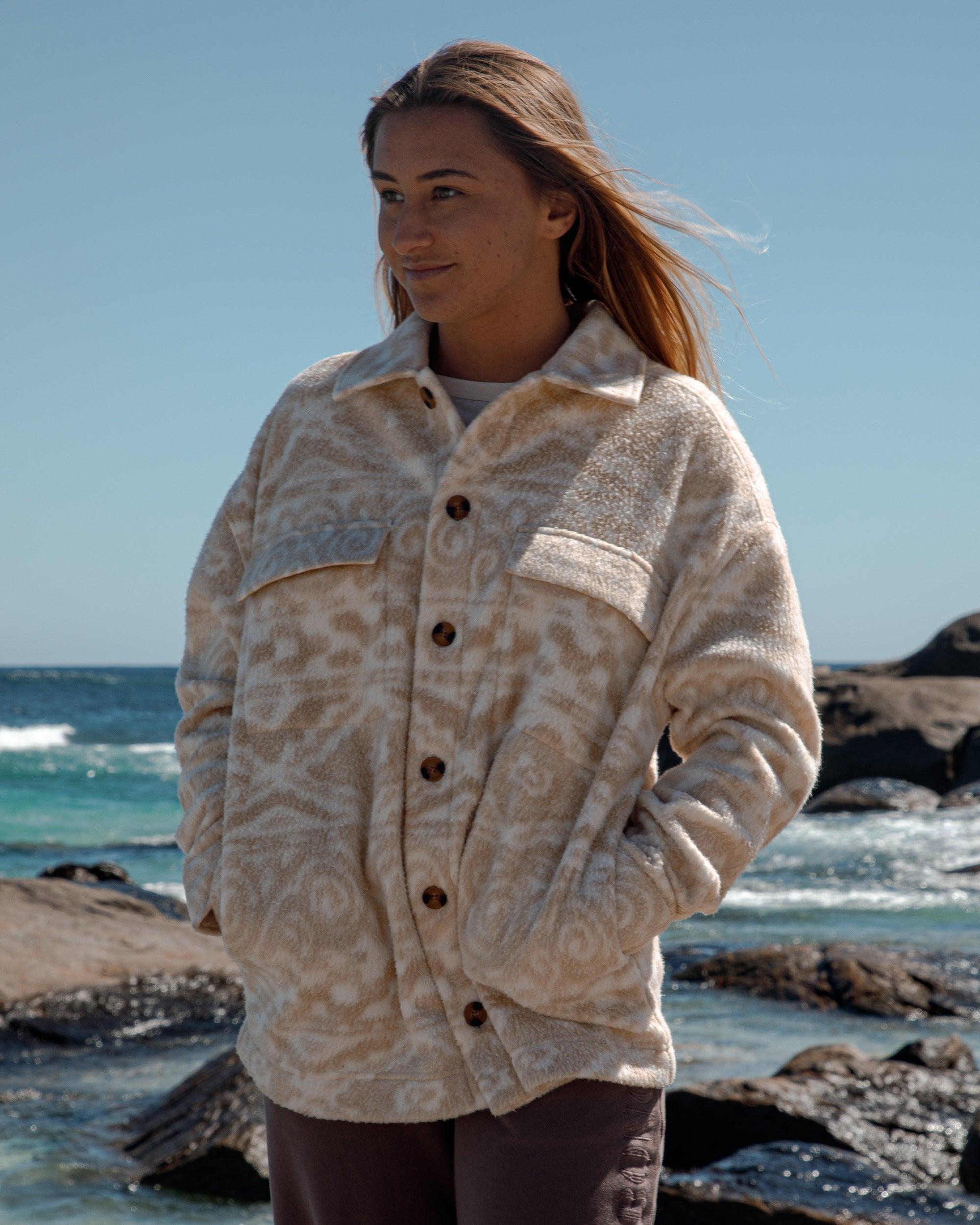 Happy Camper Shacket Button Sweater - Wet Sand Female Product Image