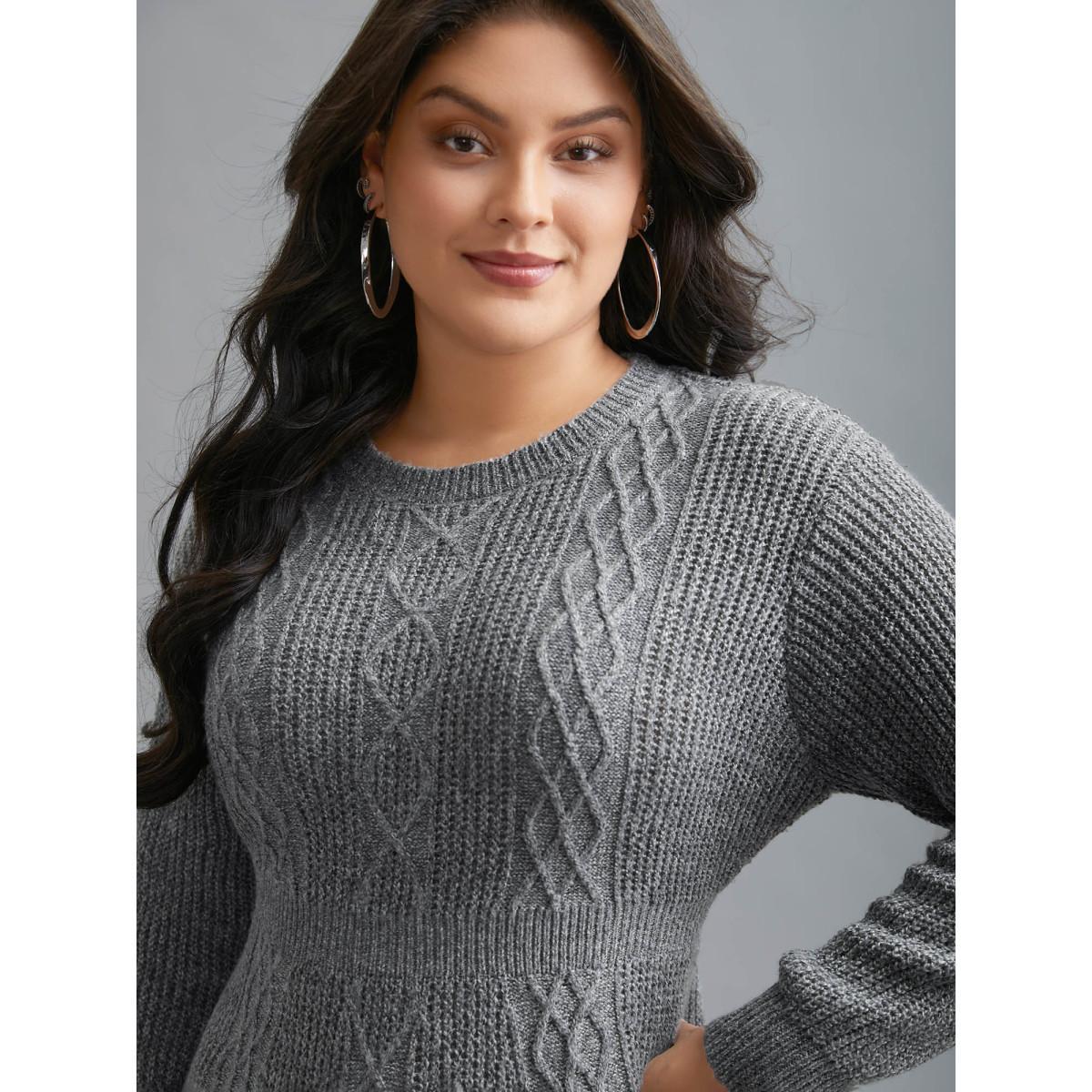 Plus Size Cable Knit Ribbed Waist Cinched Midi Sweater Dress Mediumgray Women Elegant Bodycon Long Sleeve Everyday Sweater Dresses BloomChic 28/5X Product Image