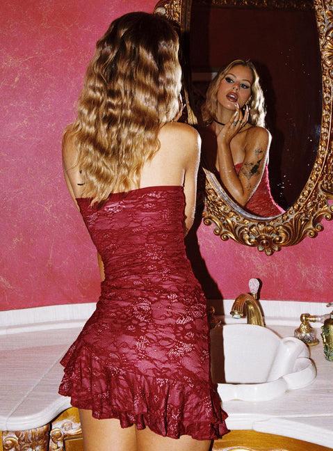 Hailees Lace Strapless Mini Dress Red Petite Product Image