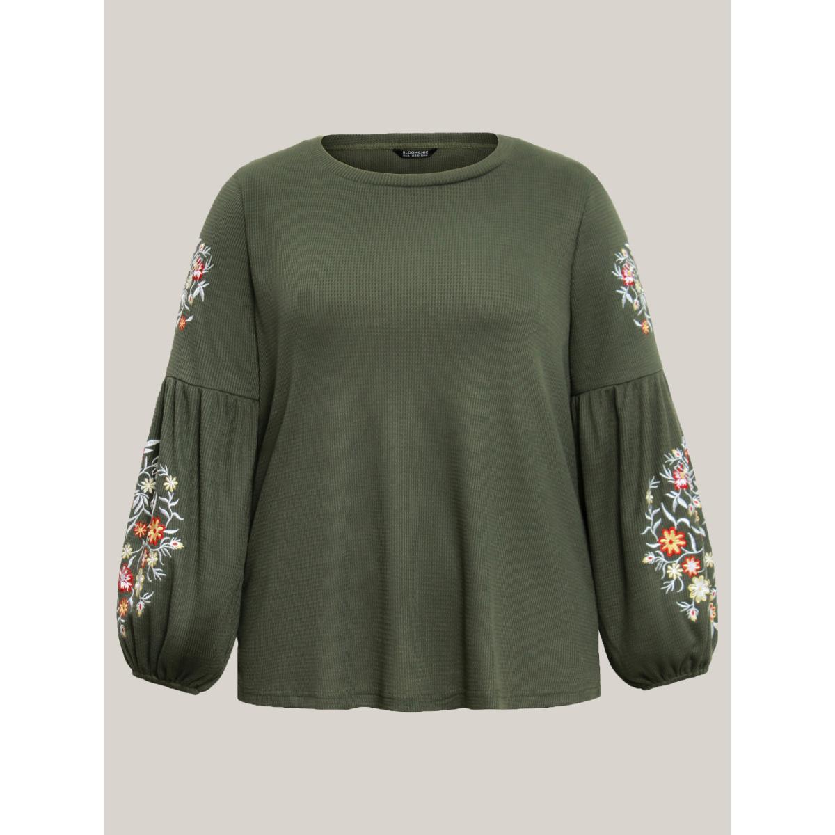 Plus Size Waffle Knit Floral Embroidered Lantern Sleeve T-shirt ArmyGreen Women Elegant Texture Floral Round Neck Everyday T-shirts BloomChic 14-16/1X Product Image