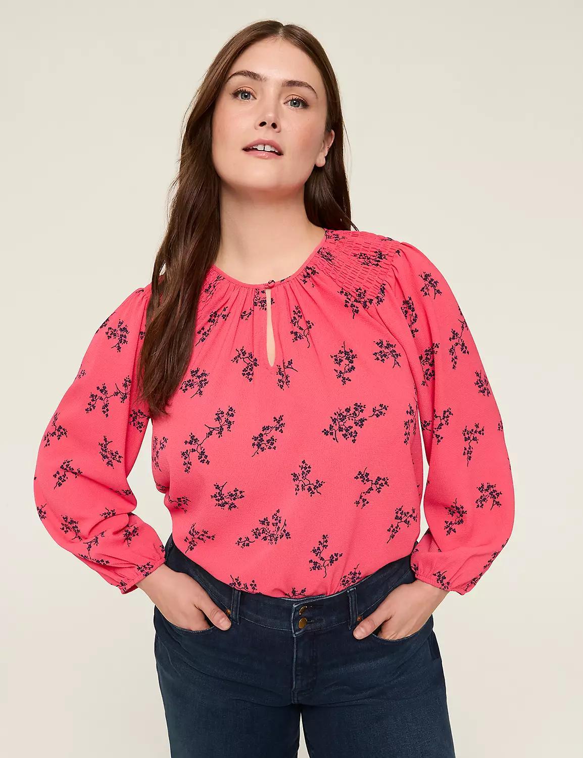 Split-Neck Smocked-Shoulder Blouse Product Image