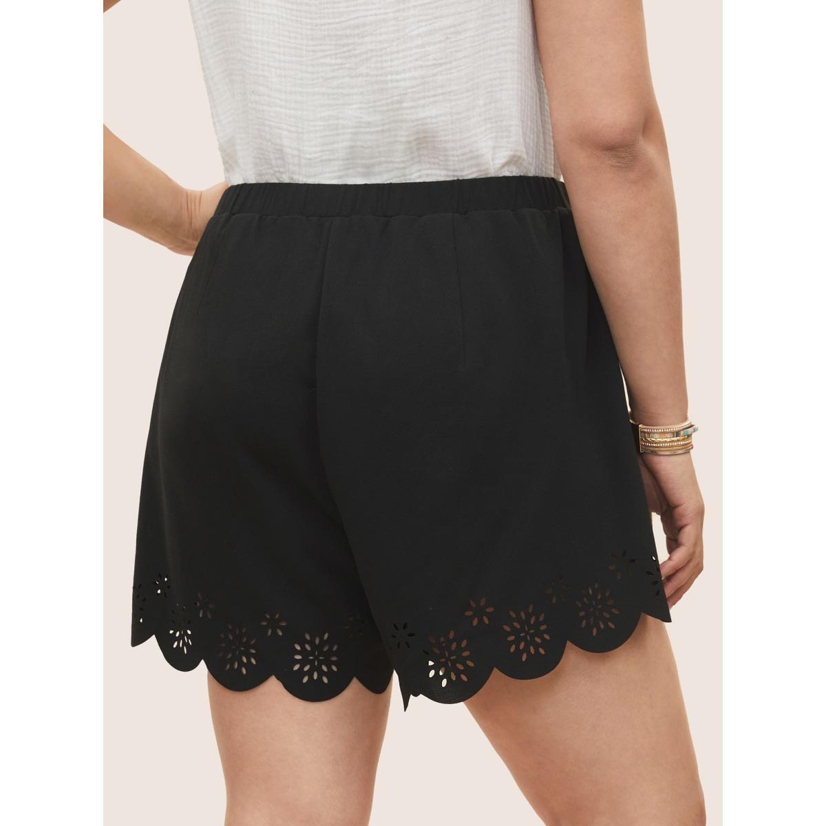 Plus Size Laser Cut Elastic Waist Scalloped Trim Shorts Women Black Elegant Non Loose Everyday Shorts BloomChic 12/L Product Image
