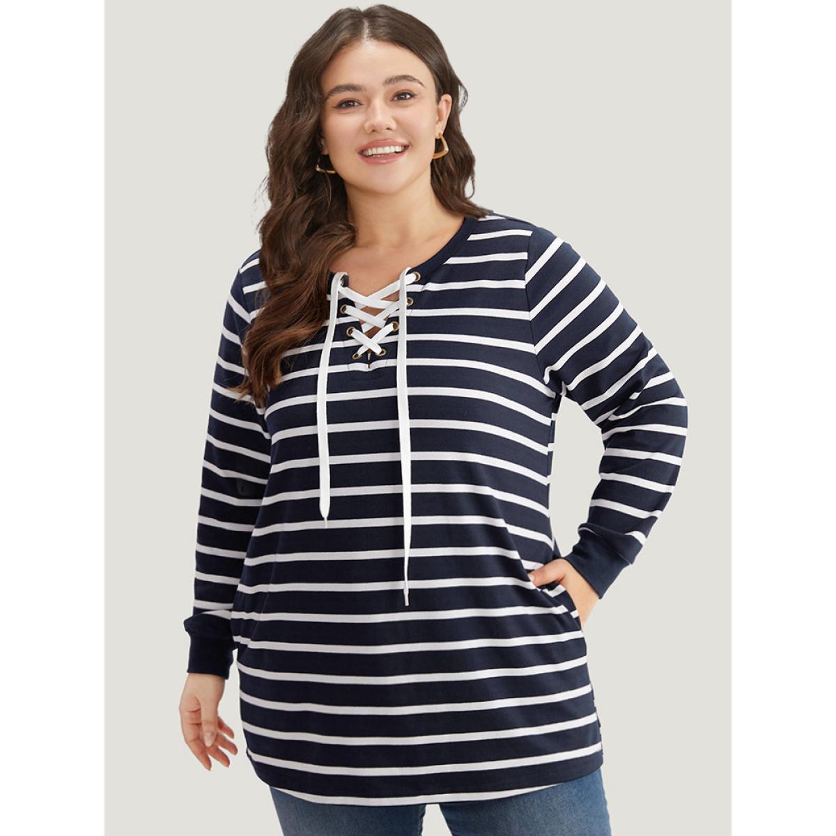 Plus Size Striped Patchwork Pocket Lace Up Sweatshirt Women Indigo Casual Elastic cuffs Notched collar Dailywear Sweatshirts BloomChic 30/6X Product Image