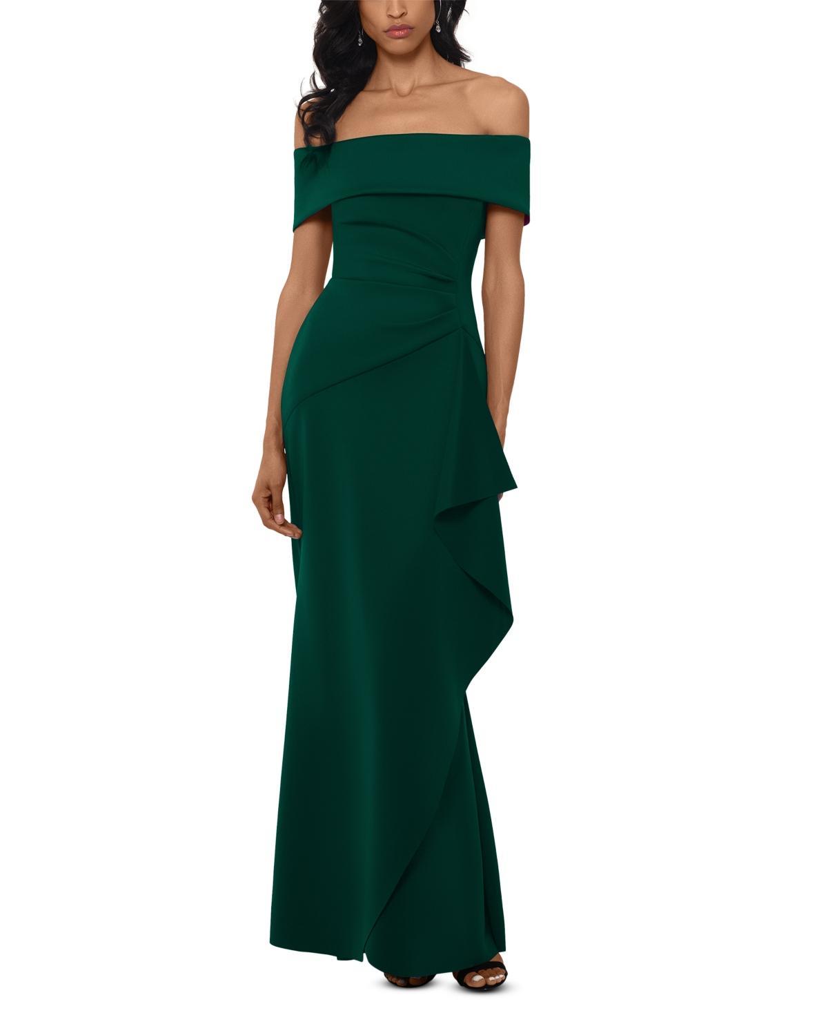 Xscape Petite Size Ruffled Off-the-Shoulder Short Sleeve Crepe Sheath Gown Product Image