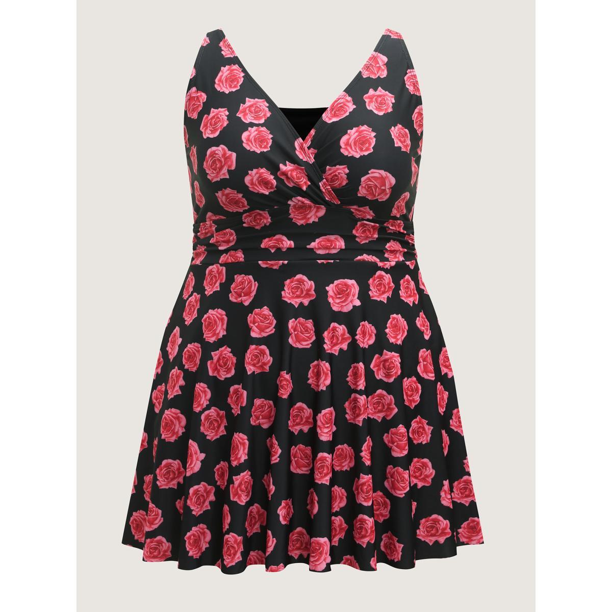 Plus Size Anti-Float Tie Rosy Print Swim Dress Women's Swimwear Black Beach Bodycon Overlap Collar High stretch Curve Swim Dresses BloomChic 18-20/2X Product Image