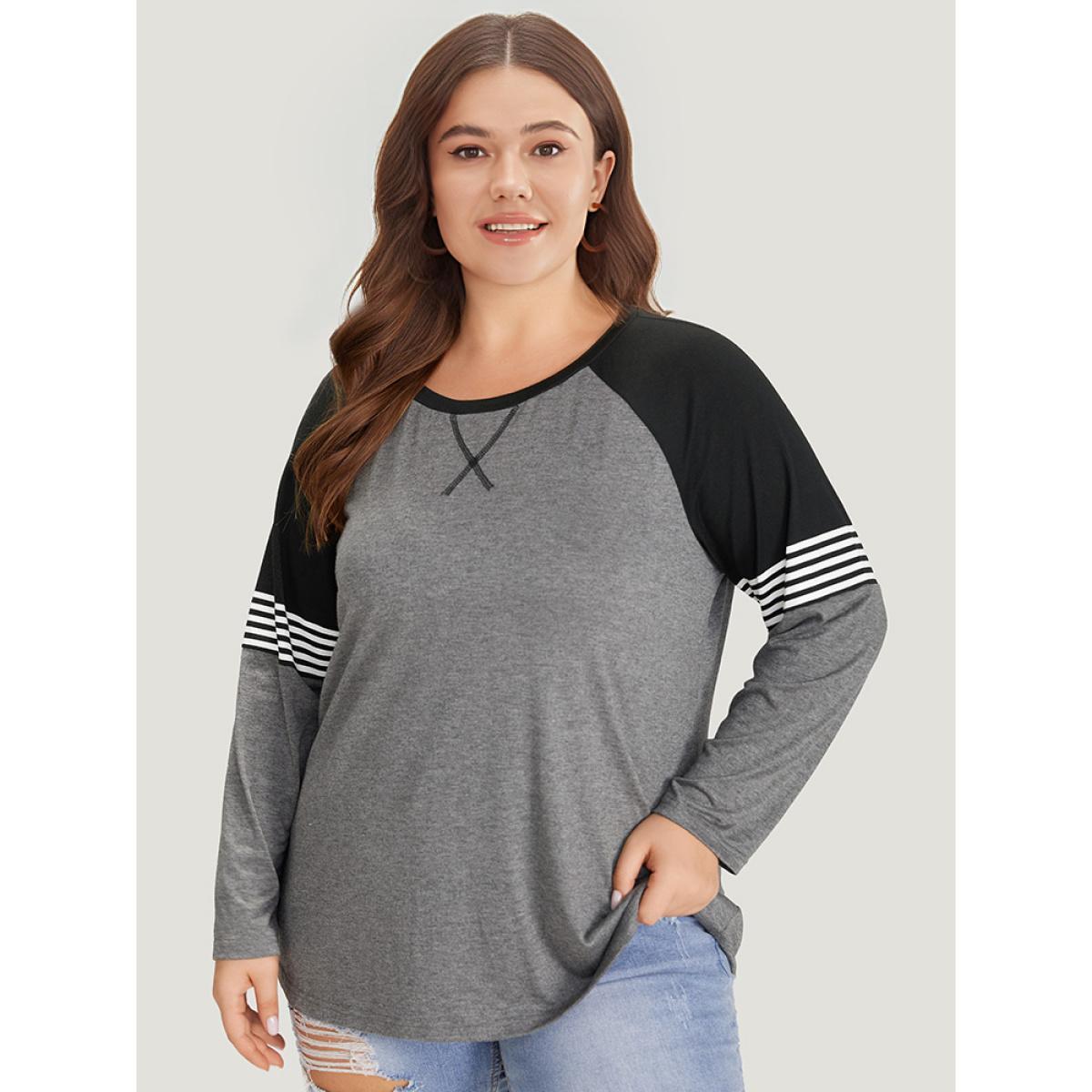 Plus Size Striped Contrast Raglan Sleeve T-shirt Gray Women Casual Striped Round Neck Everyday T-shirts BloomChic 14-16/1X Product Image