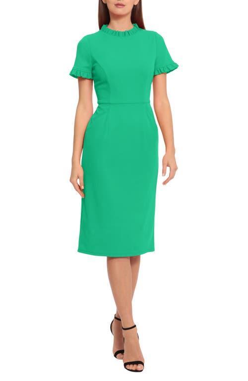 Maggy London Ruffle Mock Neck Short Sleeve Stretch Crepe Midi Pencil Sheath Dress Product Image