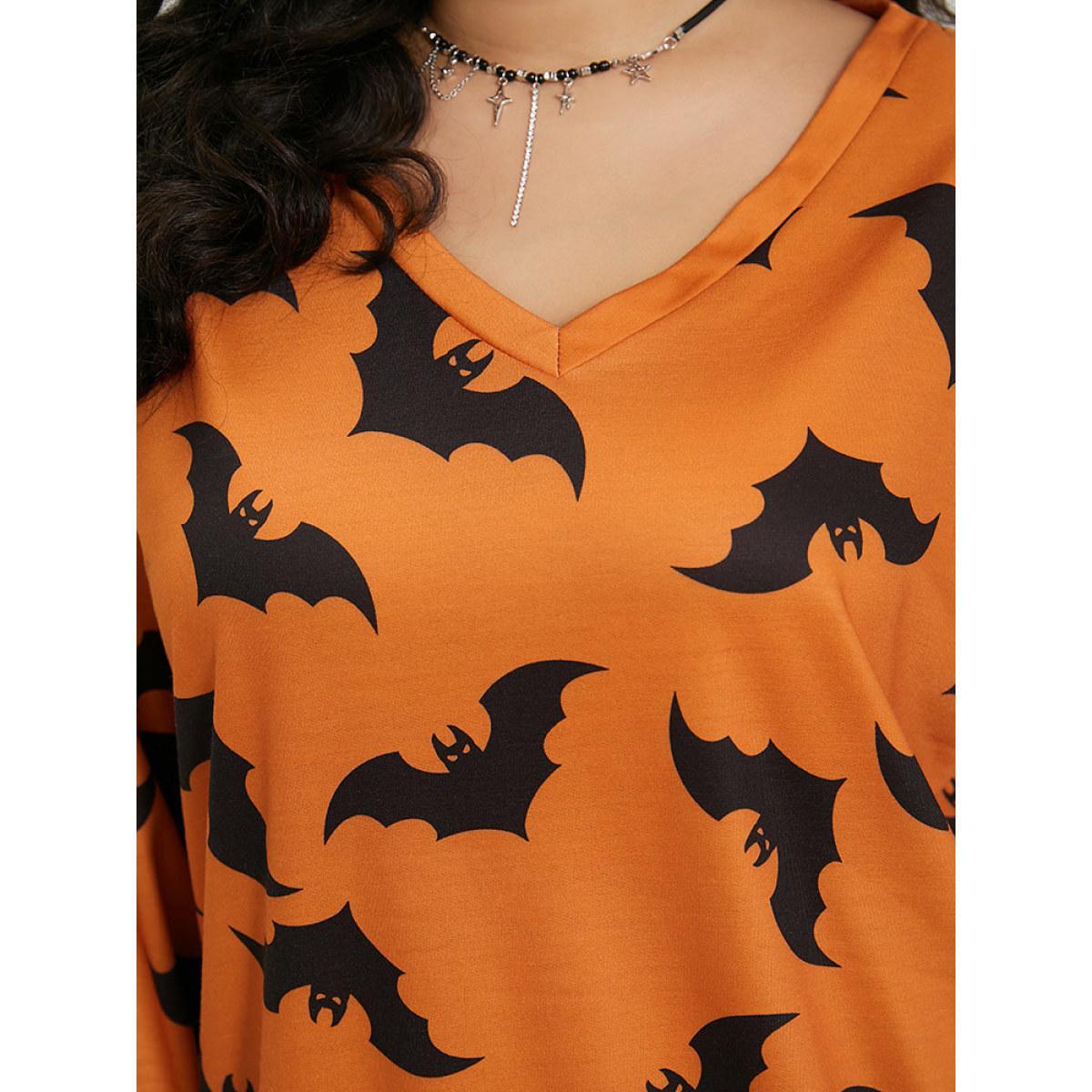 Plus Size Halloween Bat Print V Neck Sweatshirt Women OrangeRed Casual Elastic cuffs V-neck Festival-Halloween Sweatshirts BloomChic 22-24/3X Product Image