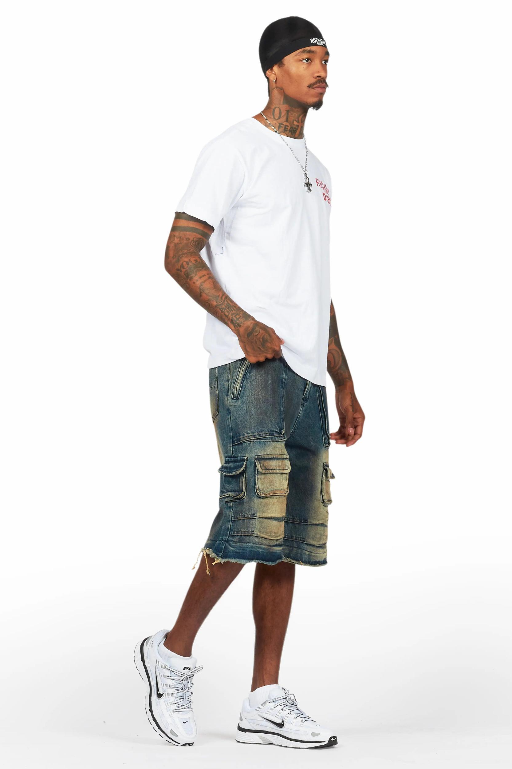 Lake White/Dark Blue T-Shirt/Denim Short Set Male Product Image