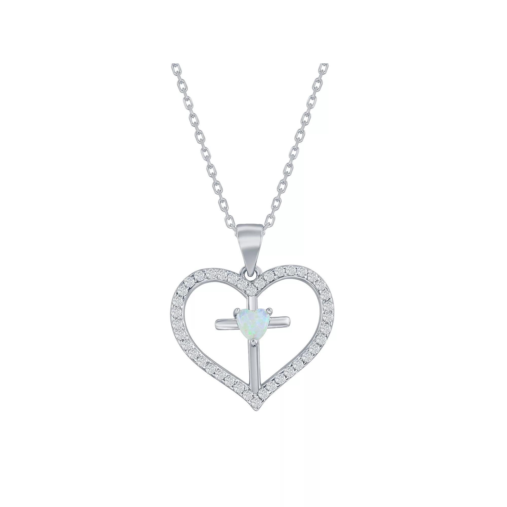 Sterling Silver Opal & Cubic Zirconia Cross Heart Pendant Necklace, Women's, Size: 18", White Product Image