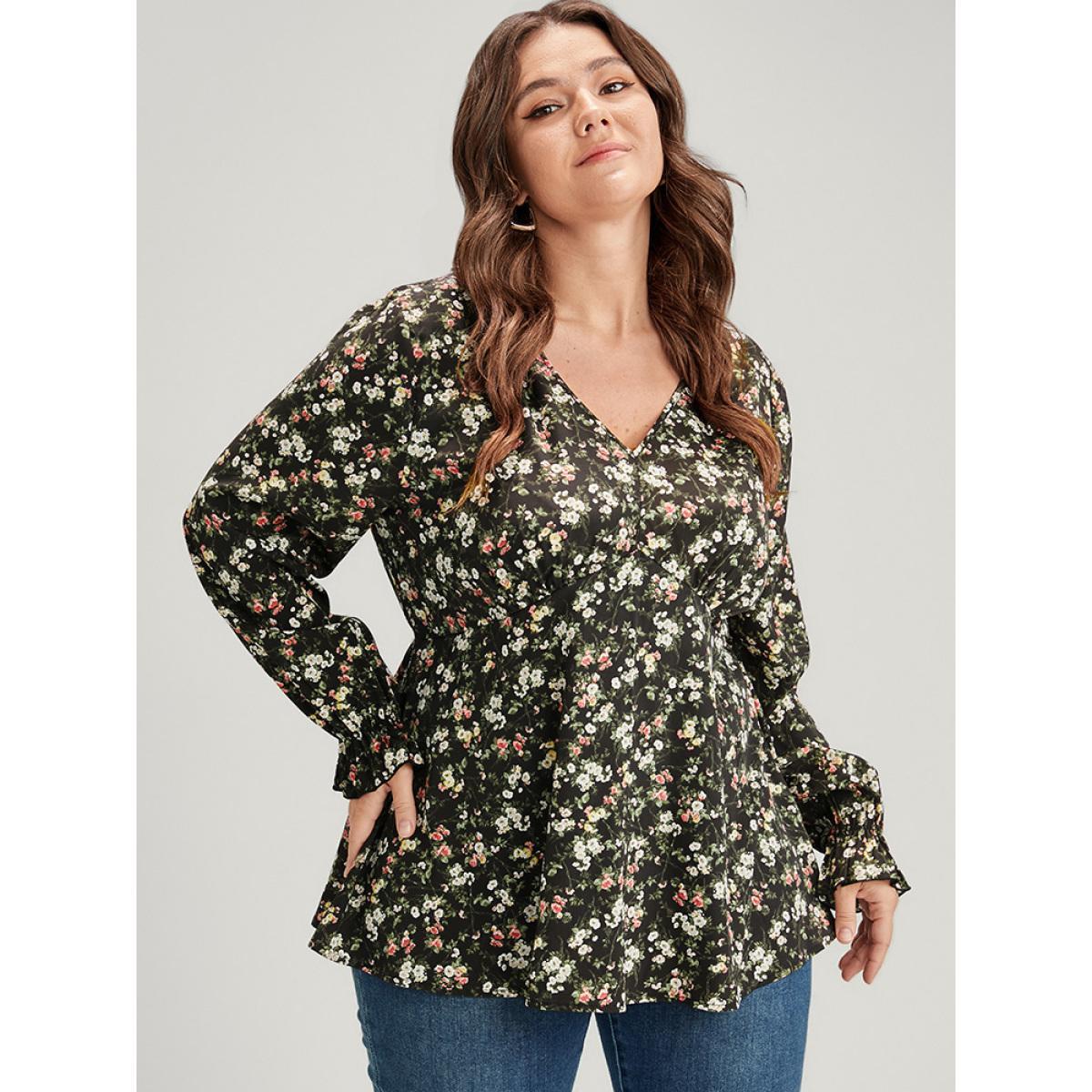 Plus Size Black Floral V Neck Lantern Sleeve Ruffles Blouse Women Elegant Long Sleeve V-neck Dailywear Blouses BloomChic 28/5X Product Image