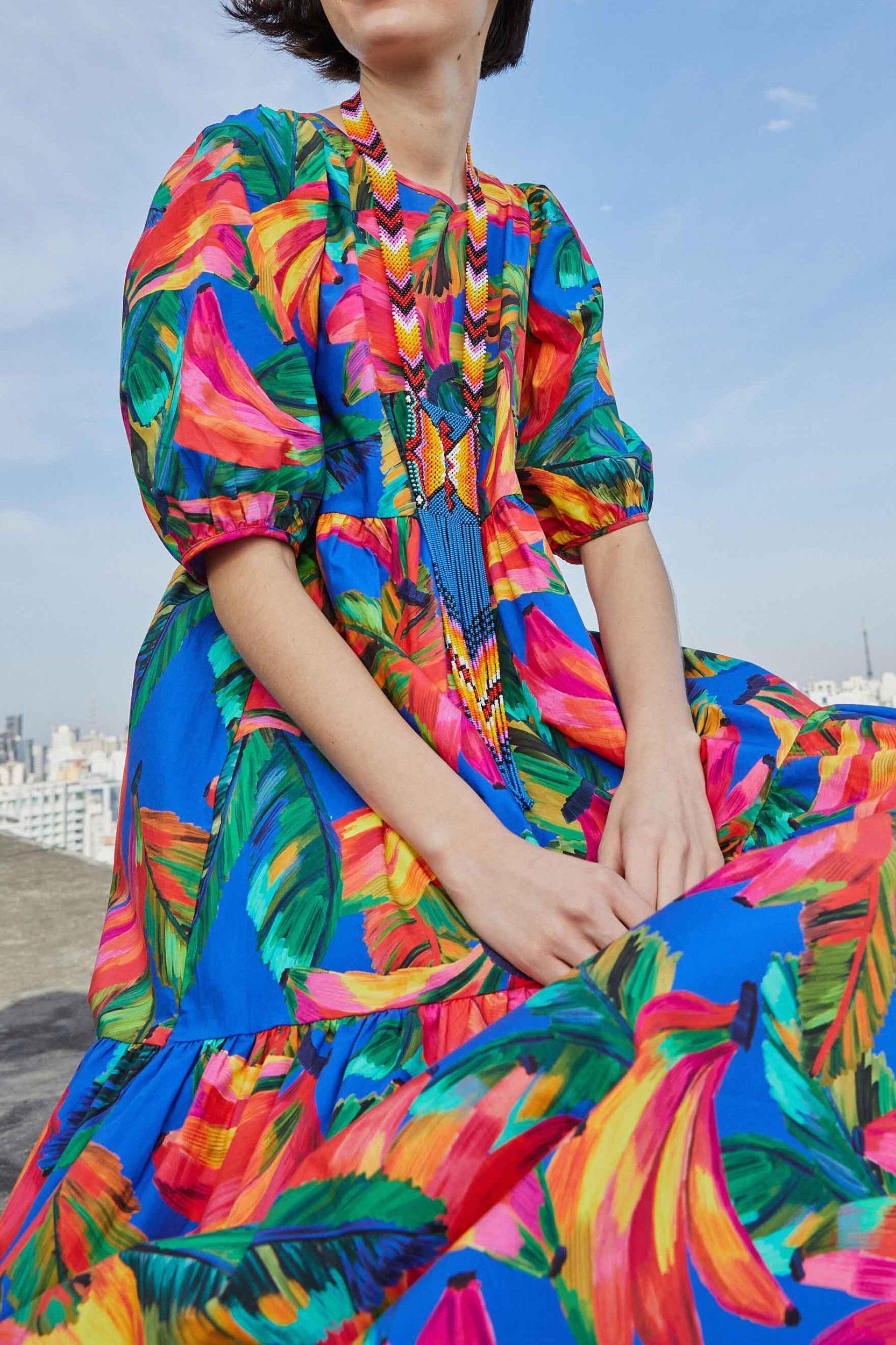 Blue Bananamix Puff Sleeve Midi Dress Product Image