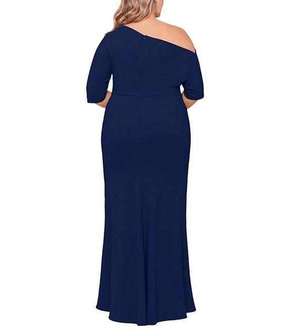 Betsy & Adam Plus Size Asymmetrical Off-the-Shoulder Scuba Crepe Dress Product Image