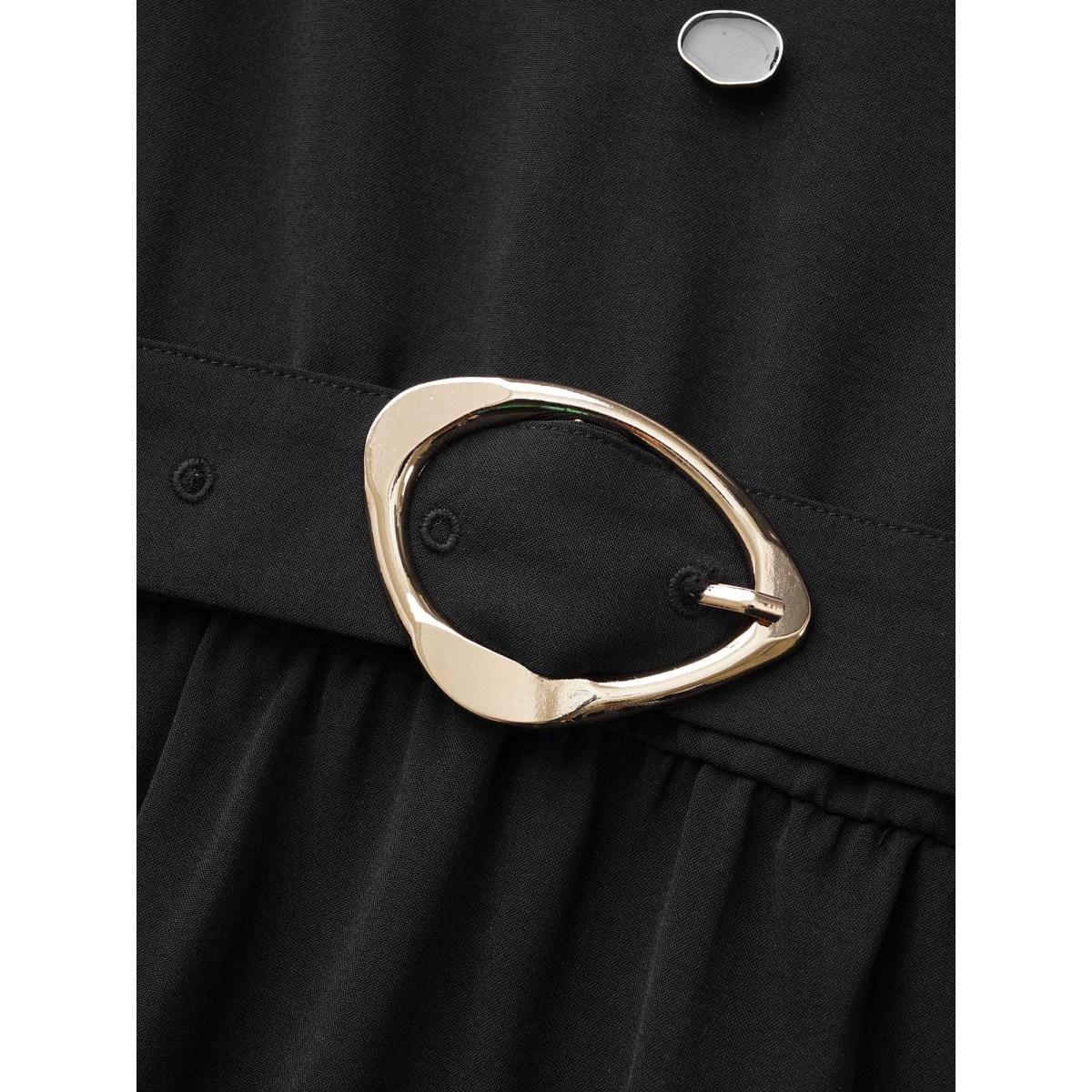 Plus Size V Neck Button Detail Belted Dress Black Women At the Office Belted V-neck Long Sleeve Curvy BloomChic 18-20/2X Product Image