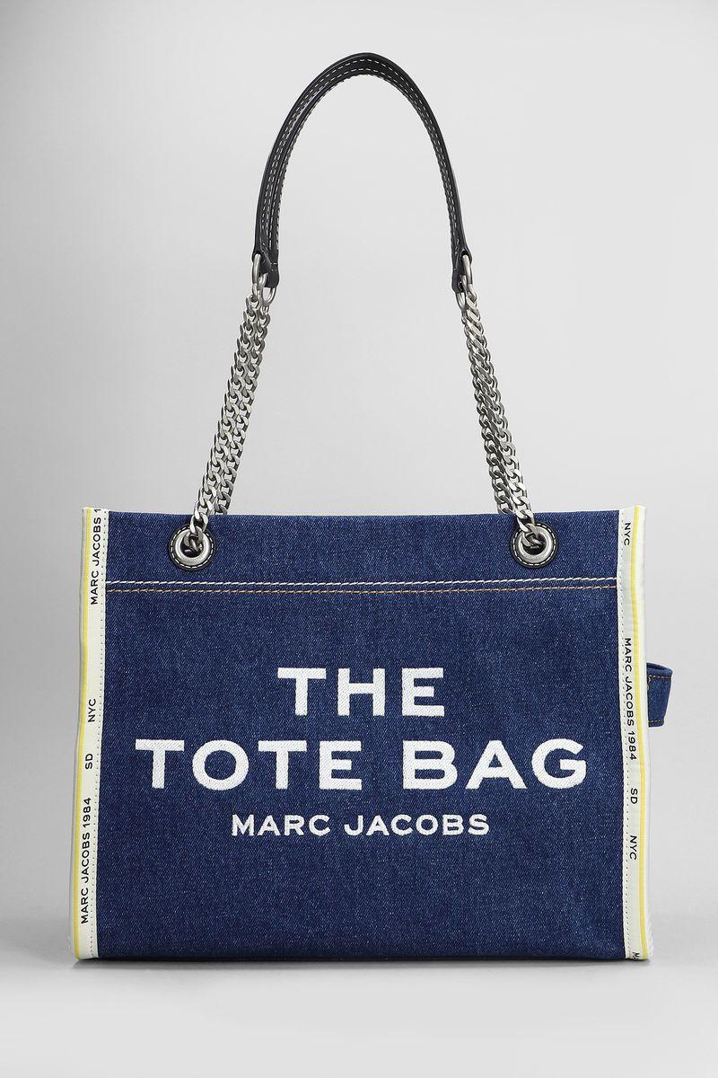 MARC JACOBS The Medium Tote In Blue Denim With Embroidered Logo In Dark Wash Product Image