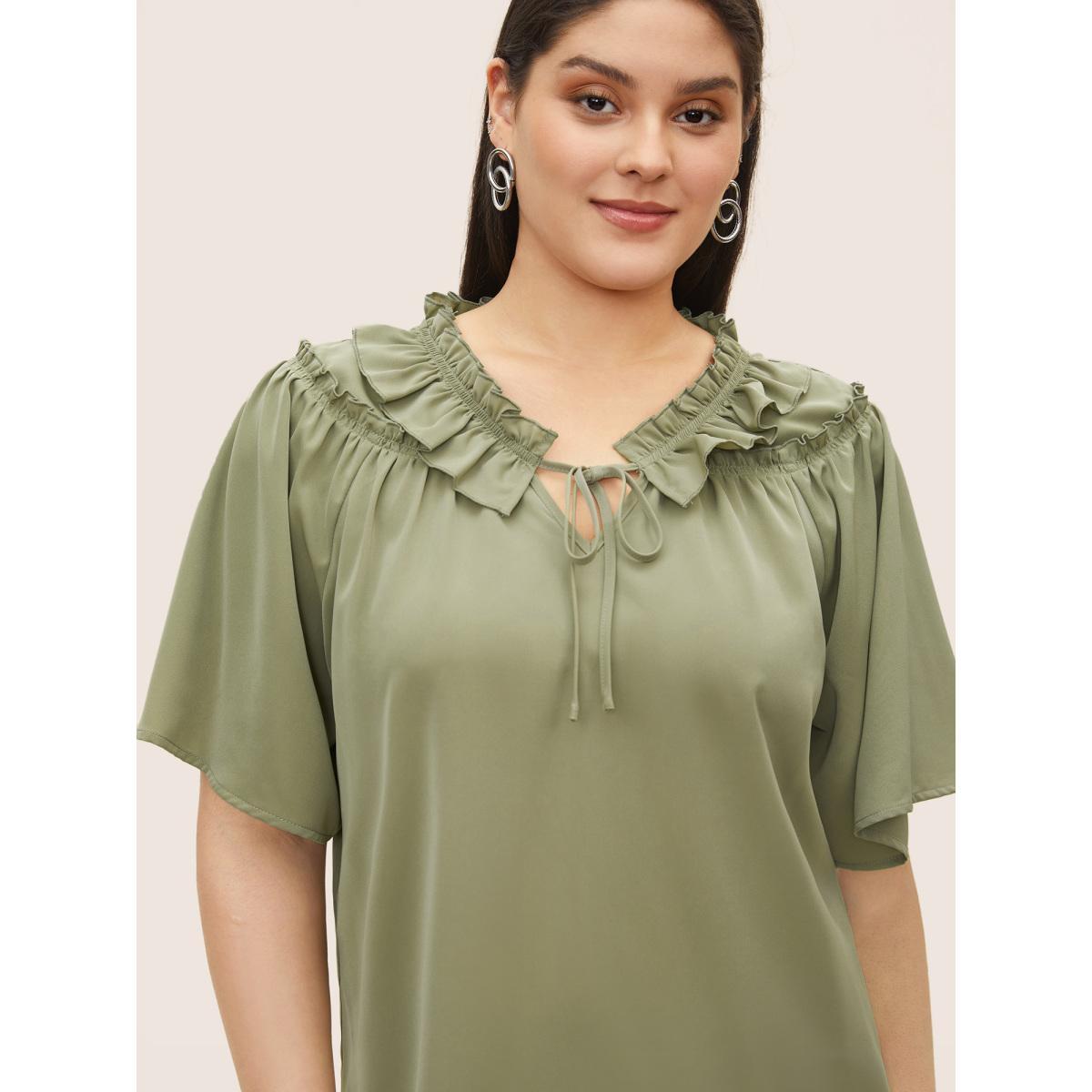 Plus Size Sage Plain Frill Trim Gathered Ruffle Sleeve Blouse Women At the Office Short sleeve V-neck Work Blouses BloomChic 22-24/3X Product Image