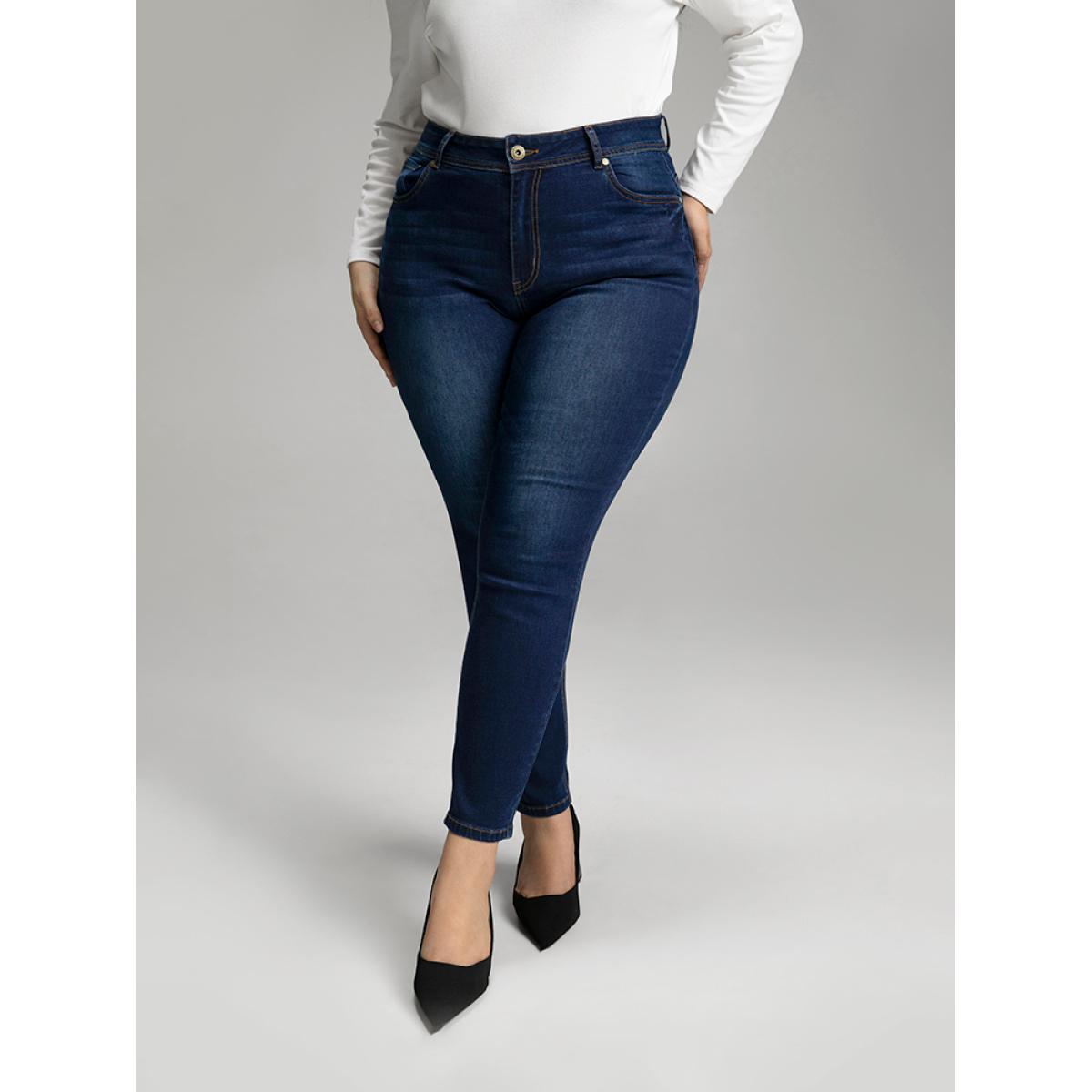 Plus Size Skinny Dark Wash Zipper Fly Jeans Women DarkBlue Casual Plain Plain High stretch Pocket Jeans BloomChic 12/L Product Image