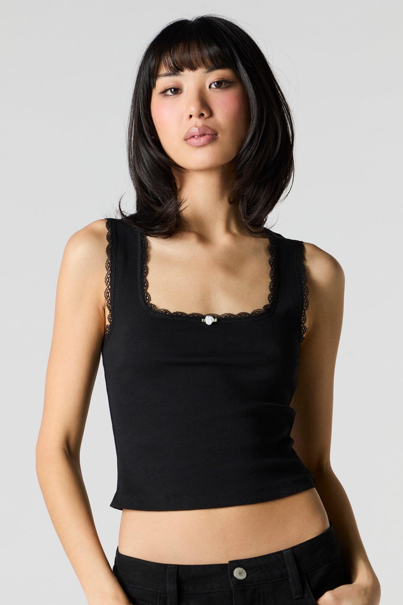Square Neck Lace Trim Rosette Tank Female Product Image
