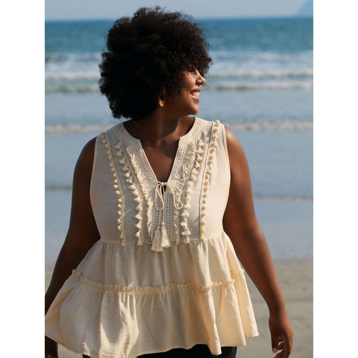 Plus Size Pure Textured Tassels Tiered Tank Top Women Beige Tie knot Notched collar Vacation Tank Tops Camis BloomChic 22-24/3X Product Image