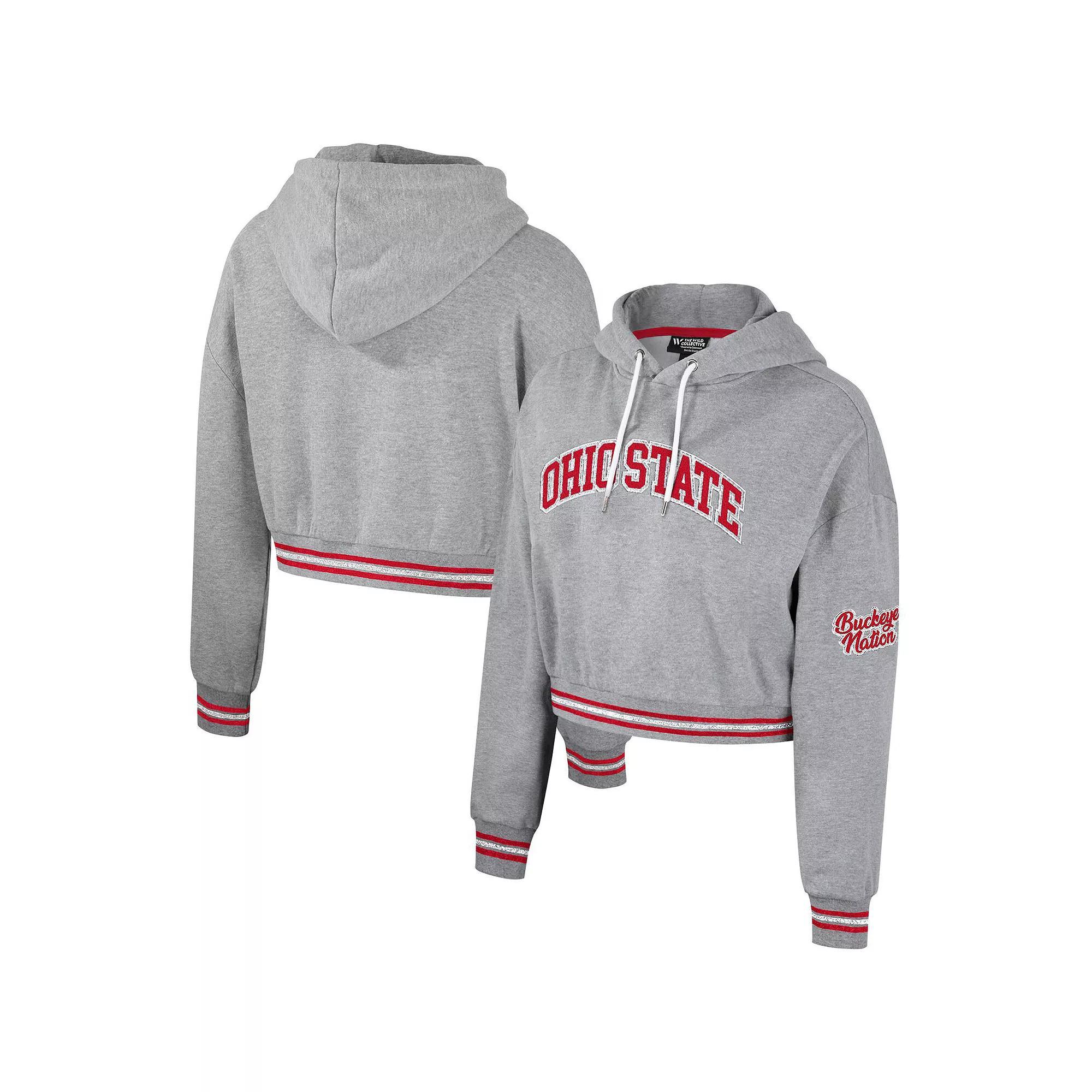 Womens The Wild Collective Heather Gray Ohio State Buckeyes Cropped Shimmer Pullover Hoodie Product Image