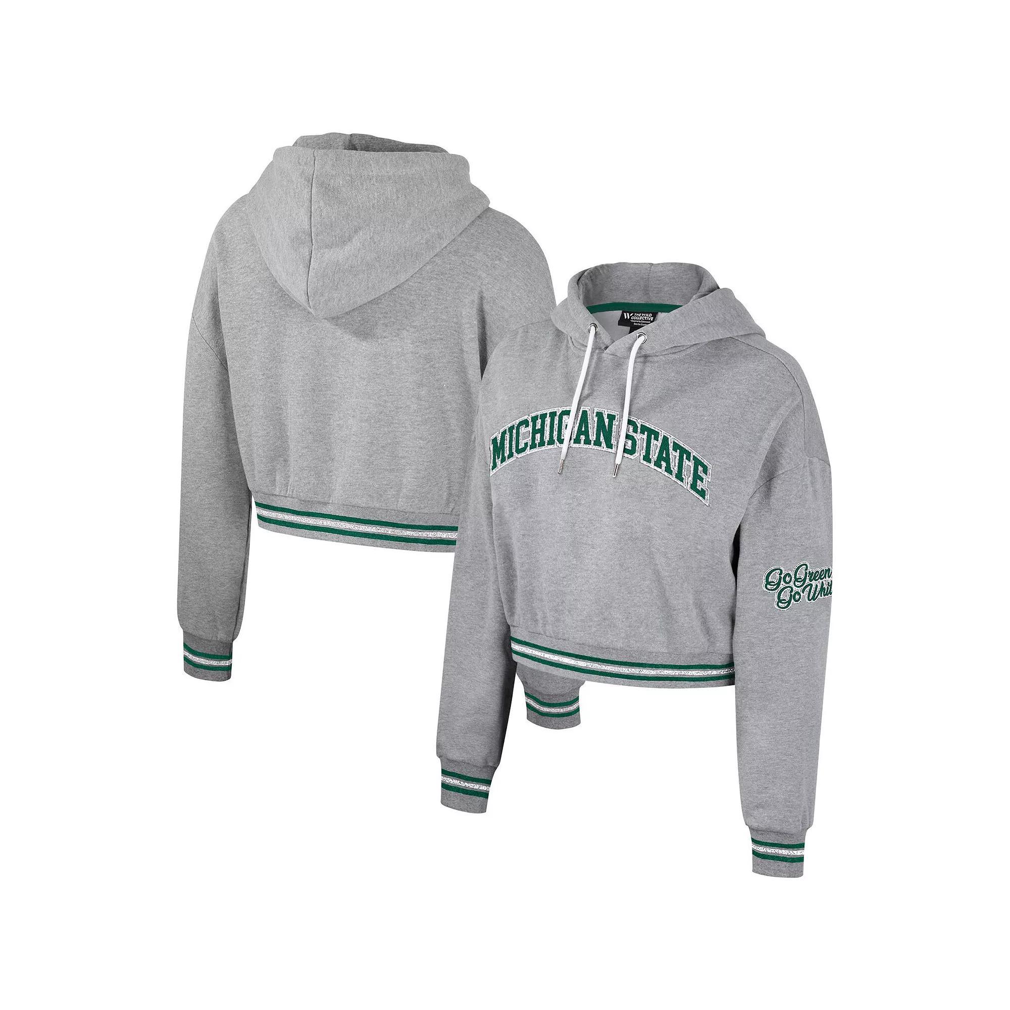 Women's The Wild Collective Heather Gray Michigan State Spartans Cropped Shimmer Pullover Hoodie, Size: 2XL, Grey Product Image