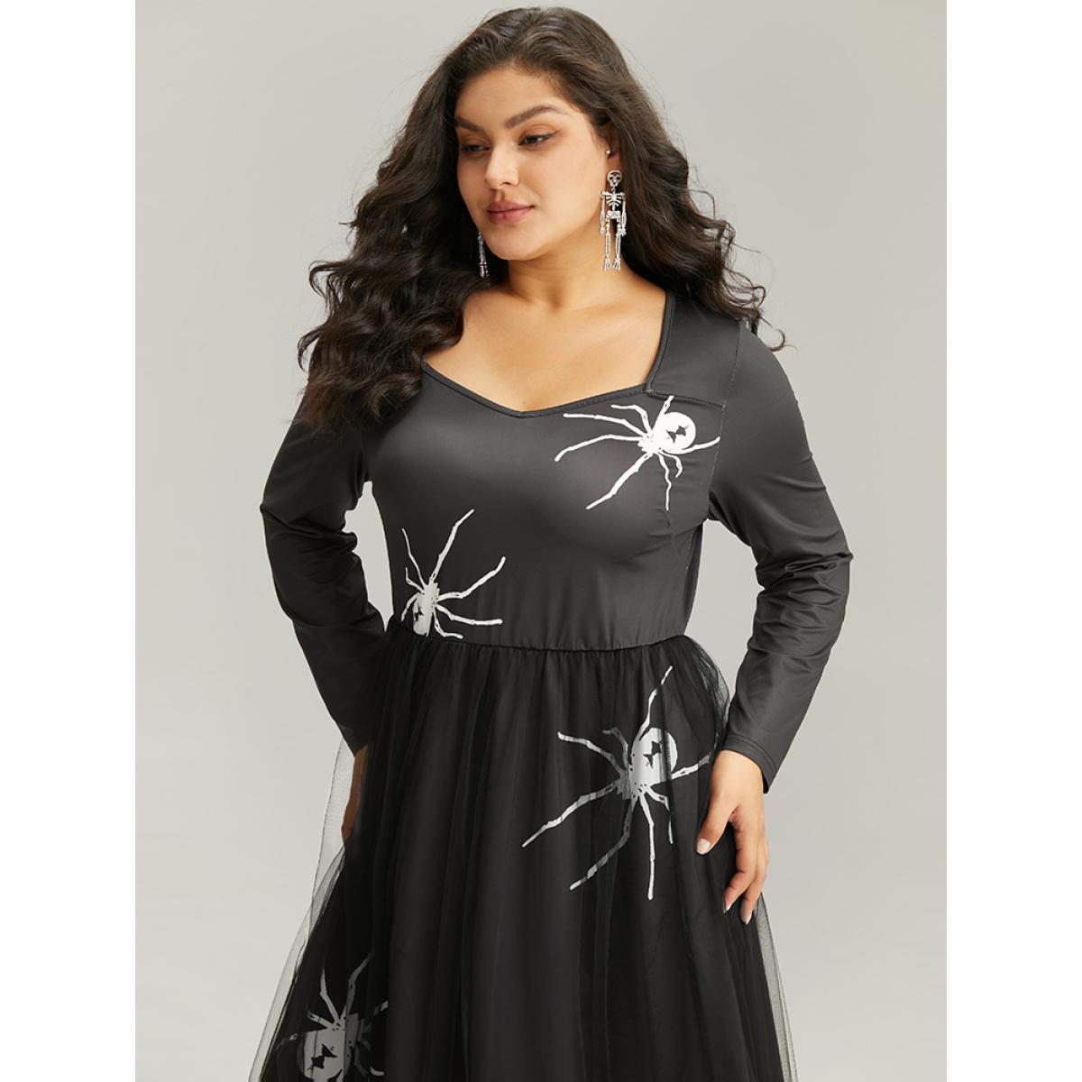 Plus Size Halloween Spider Mesh Square Neck Dress Black Women Casual Printed Square Neck Long Sleeve Curvy Midi Dress BloomChic 18-20/2X Product Image