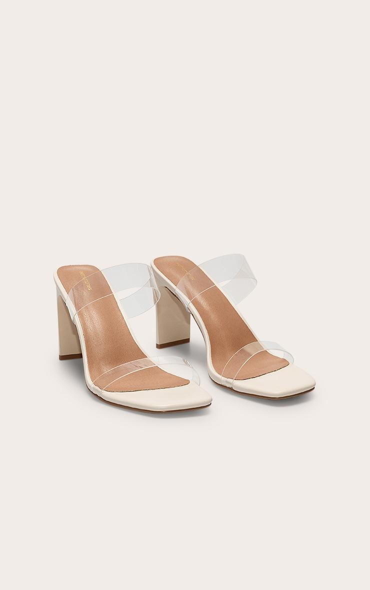 White Pu Square Toe Perspex Straps High Thin Block Heeled Mules Product Image