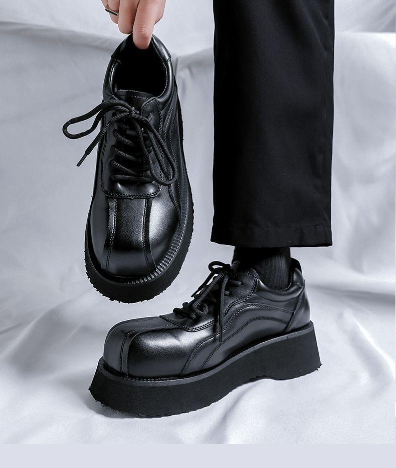 Platform Plain Lace-Up Faux Leather Shoes Product Image