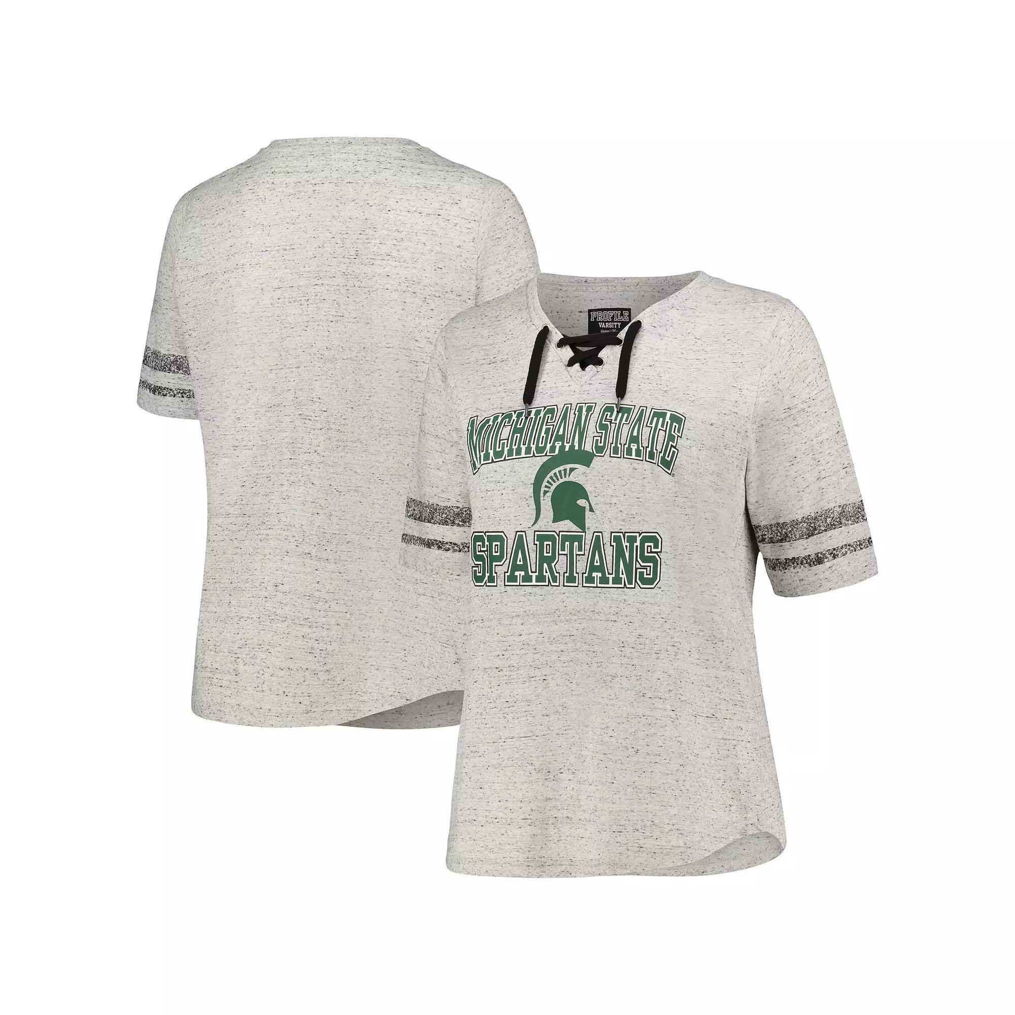 Women's Profile Heather Gray Michigan State Spartans Plus Size Striped Lace-Up T-Shirt, Size: 4XL, Grey Product Image