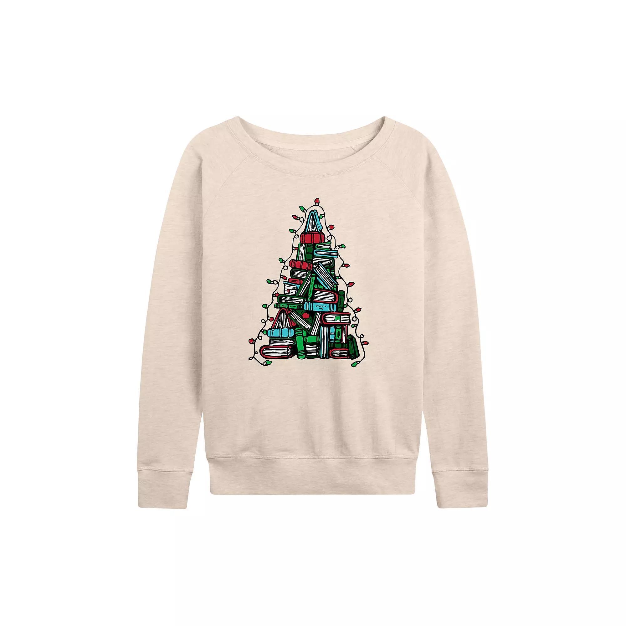 Women's Book Christmas Tree Lights French Terry Long Sleeve Tee, Size: Small, Beige Product Image