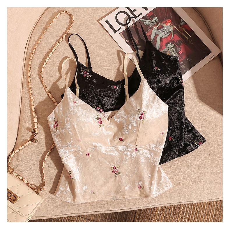 V-Neck Velvet Floral Embroidery Crop Camisole Top Product Image