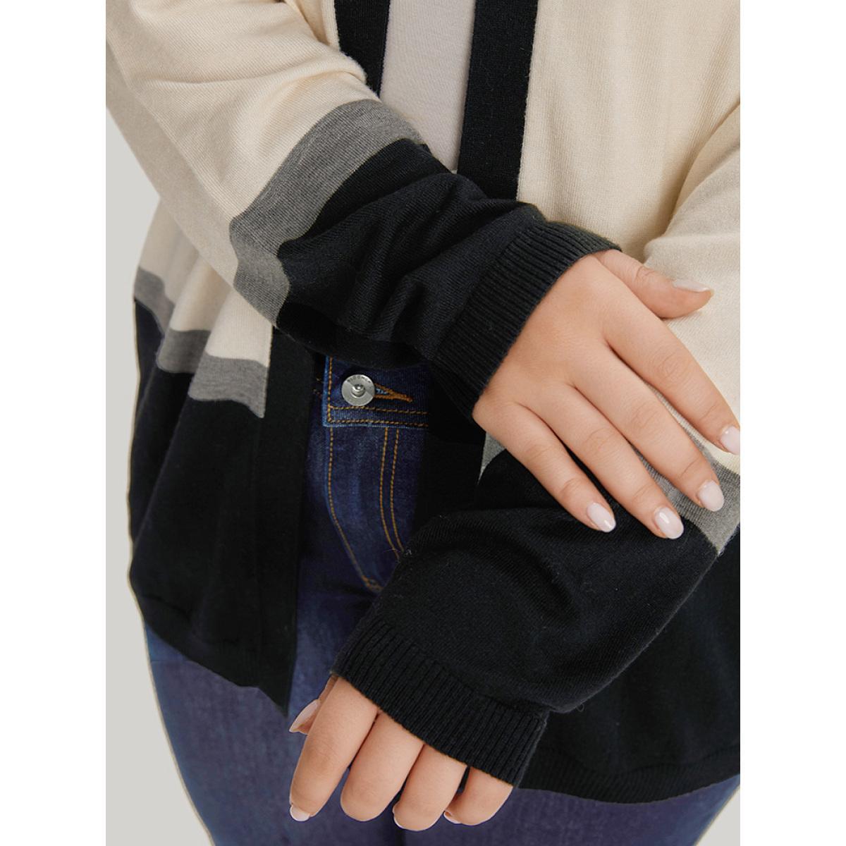 Plus Size Supersoft Essentials Colorblock Contrast Elastic Cuffs Cardigan Apricot Women Casual Loose Long Sleeve Work Cardigans BloomChic 28/5X Product Image