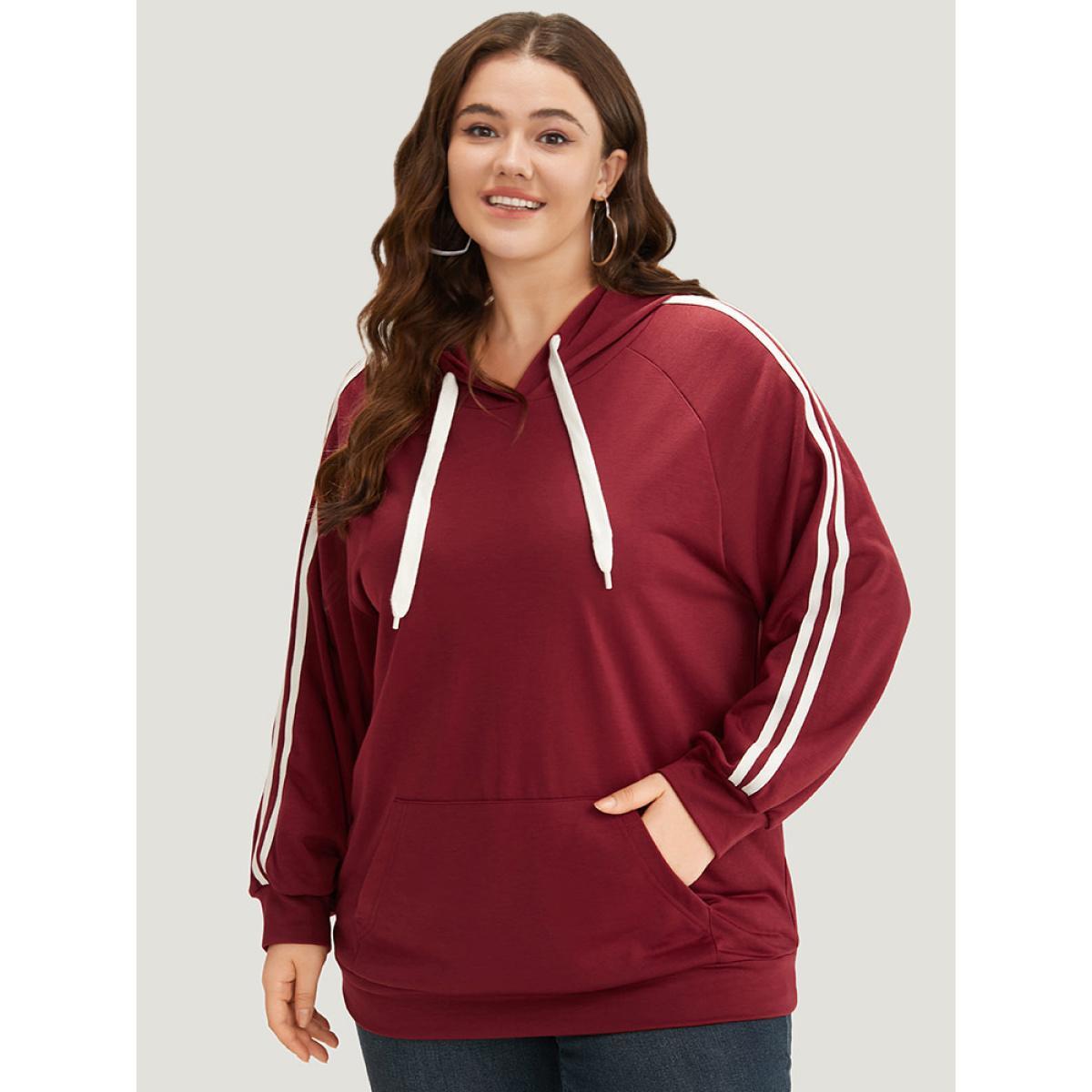 Plus Size Contrast Seam Detail Drawstring Pocket Hooded Raglan Sleeve Sweatshirt Women Red Casual Elastic cuffs Hooded Dailywear Sweatshirts BloomChic 10/M Product Image