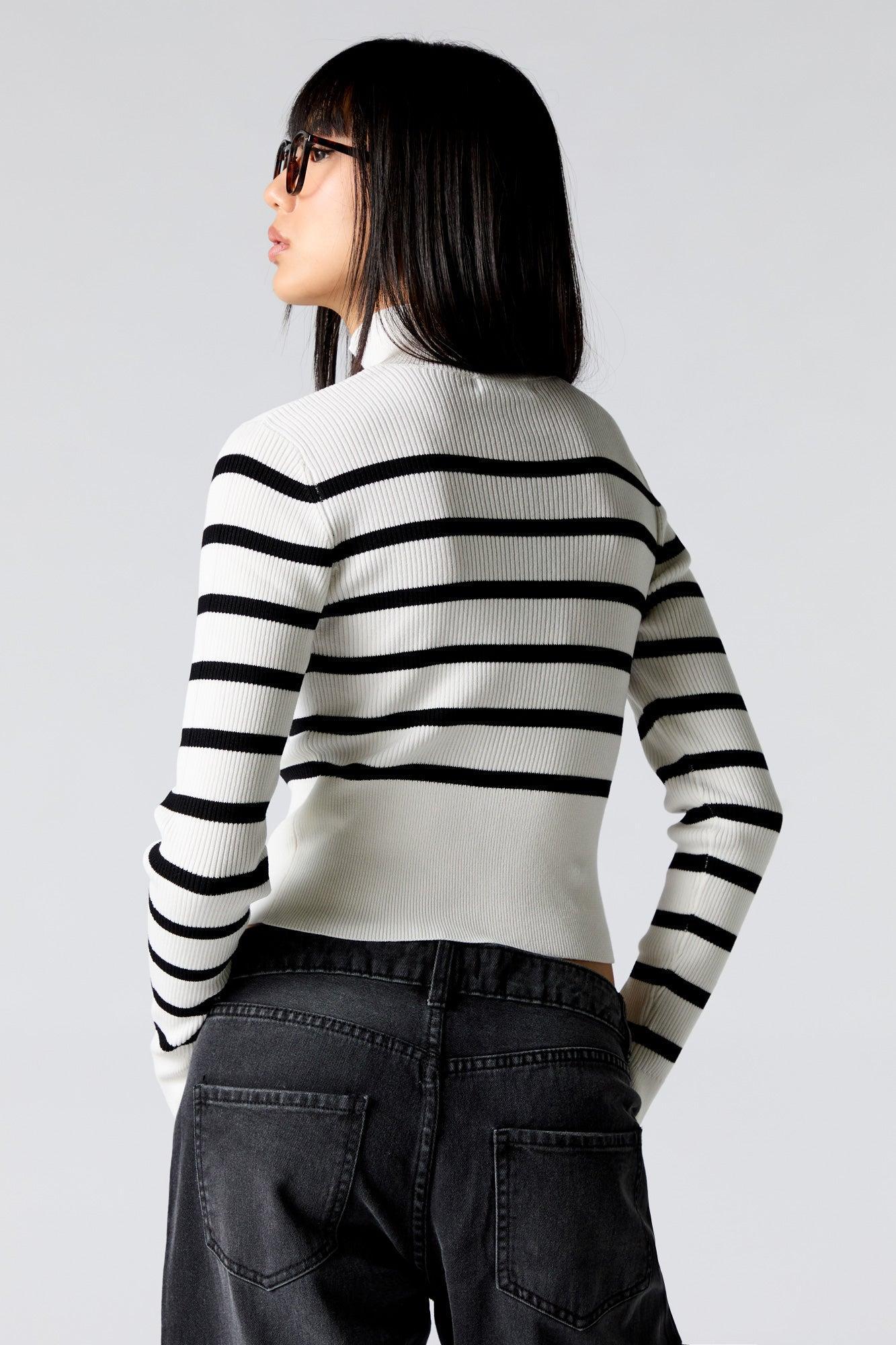 Striped Ribbed Knit Zip-Up Mock Neck Sweater Female Product Image