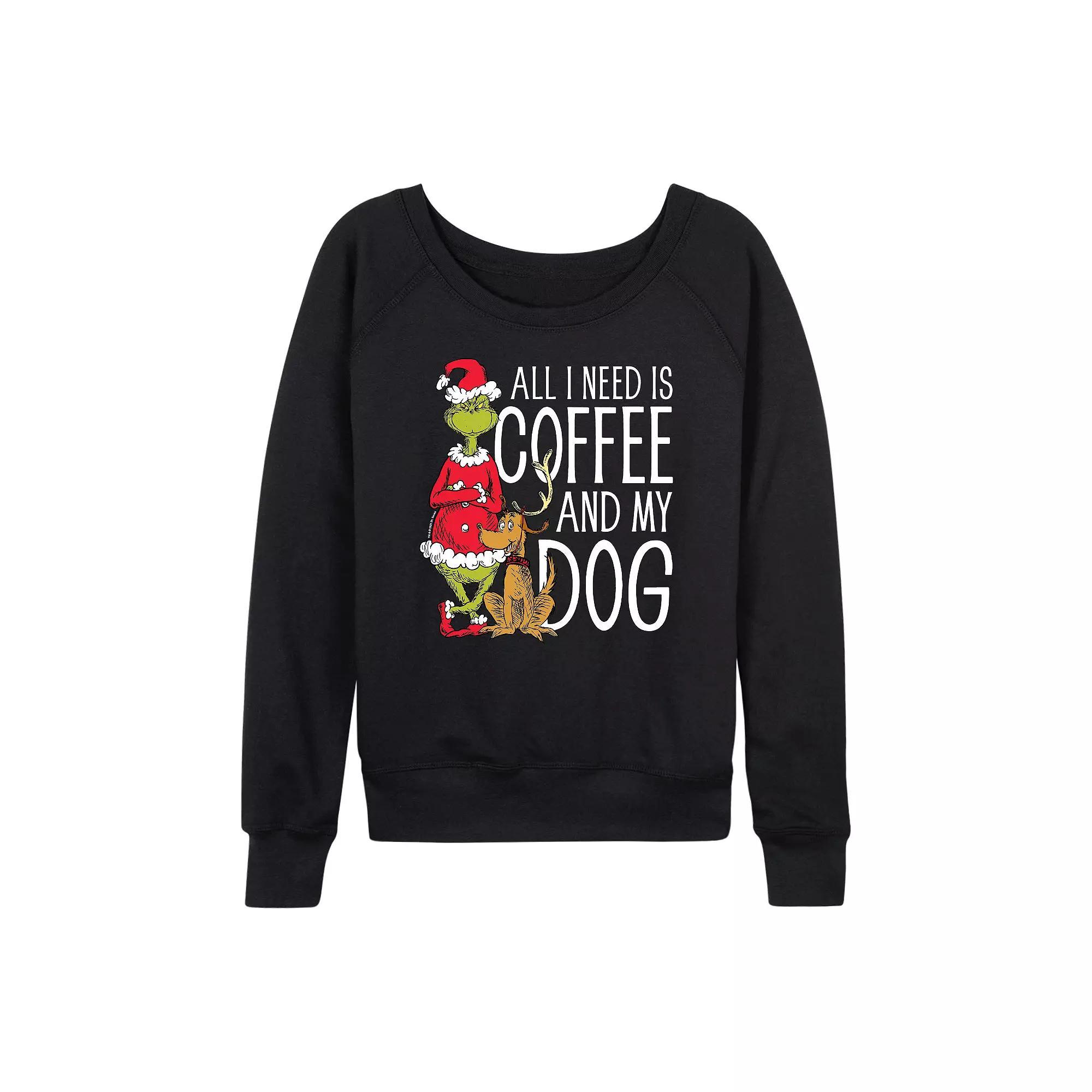 Women's Dr. Seuss Grinch All I Need Is Coffee French Terry Long Sleeve Tee, Size: Small, Black Product Image