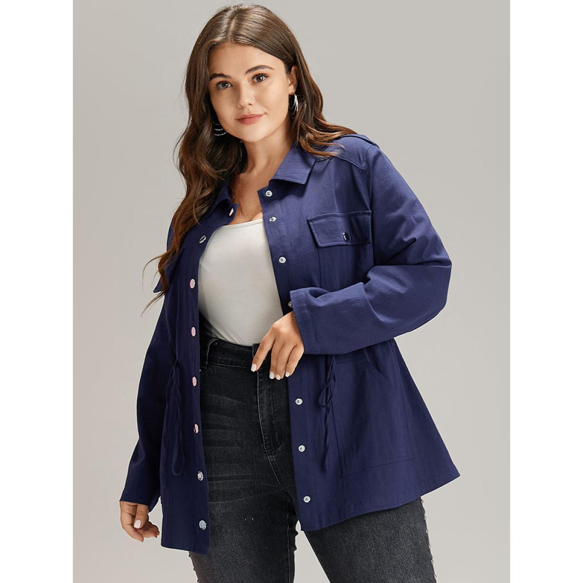 Plus Size Solid Metal Detail Pocket Drawstring Coat Women Indigo Casual Plain Ladies Dailywear Winter Coats BloomChic 12/L Product Image