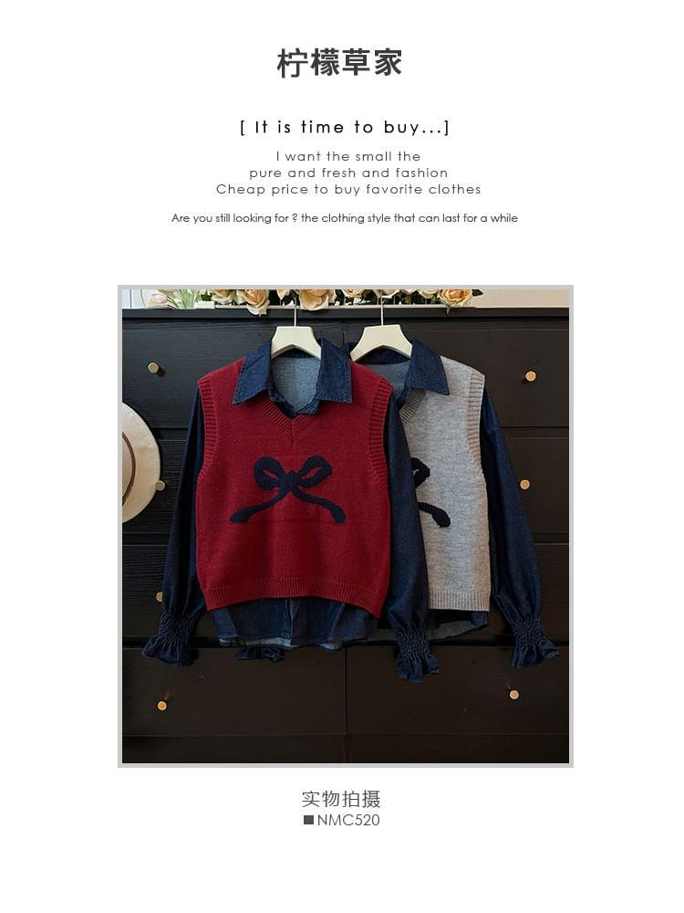 Set: Bow-Print Knit Vest + Denim Shirt Product Image