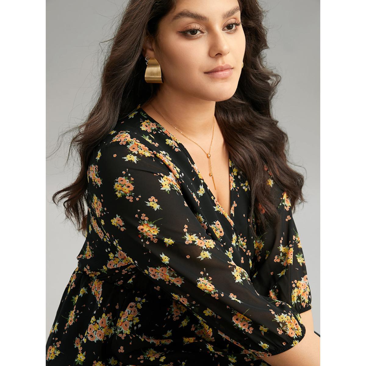 Plus Size Floral Overlap Collar Pocket Elastic Waist Dress Black Women Elegant Wrap Overlap Collar Half Sleeve Curvy Midi Dress BloomChic 10/M Product Image