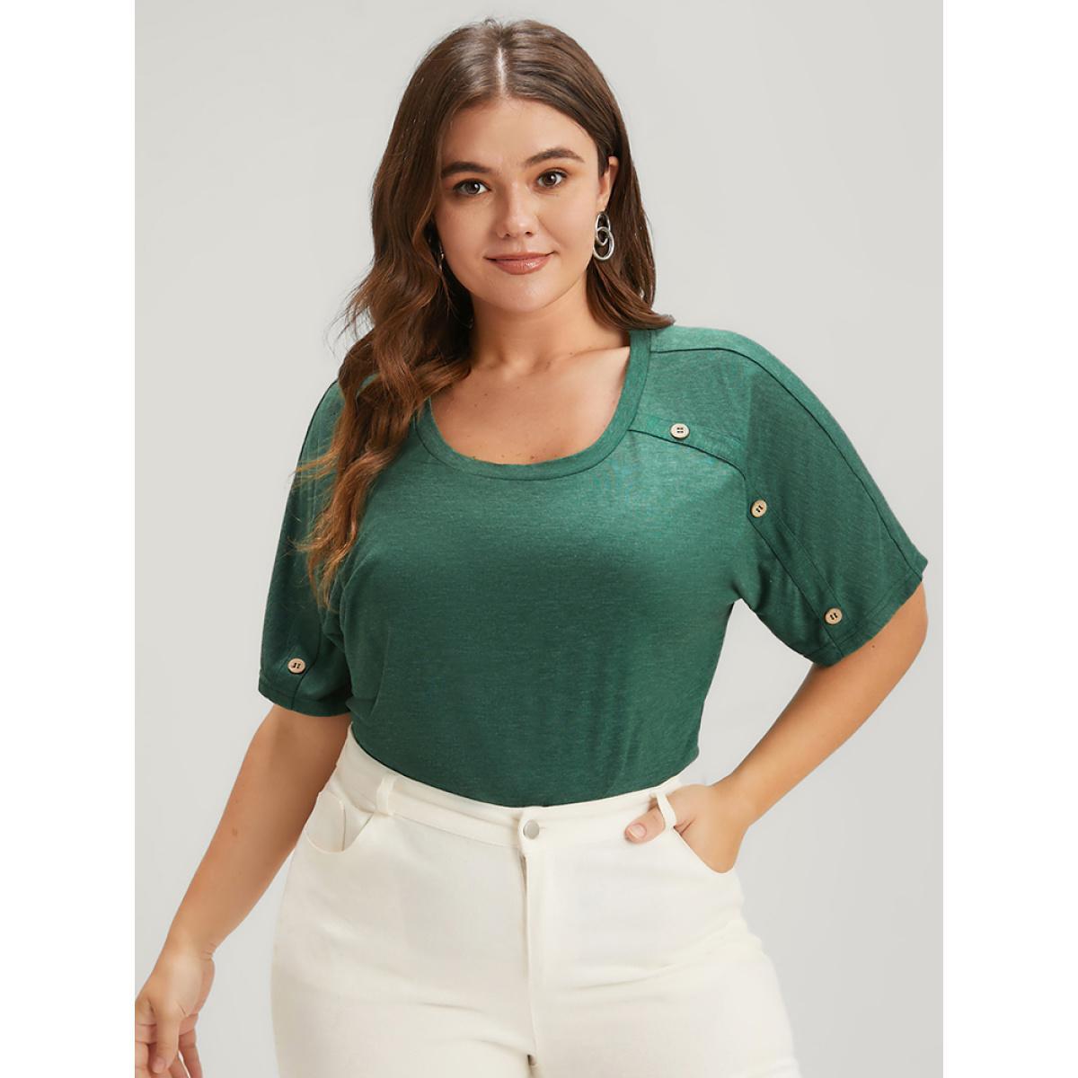 Plus Size Solid Round Neck Button Raglan Sleeve Modal T-shirt Green Women Casual Button Plain Round Neck Dailywear T-shirts BloomChic 26/4X Product Image