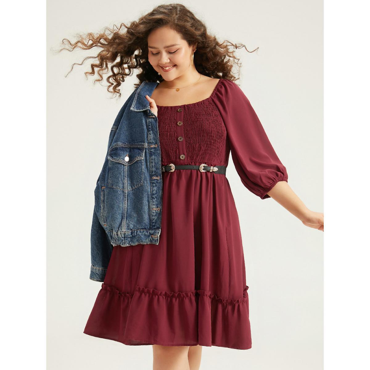 Plus Size Shirred Pocket Button Detail Frill Trim Dress Burgundy Women Casual Elastic cuffs Square Neck Elbow-length sleeve Curvy Knee Dress BloomChic 28/5X Product Image