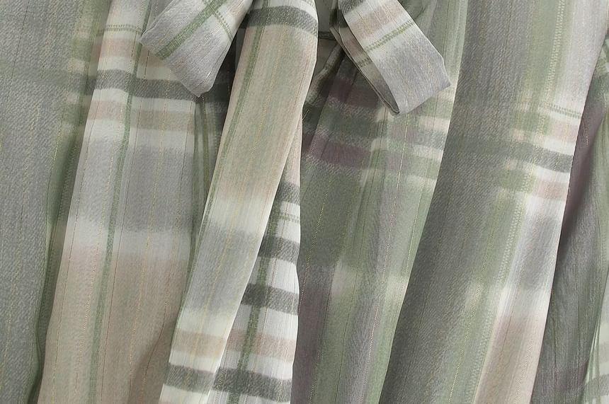 Set: Long Sleeve Tie Neck Plaid Maxi A-Line Dress + Belt Product Image