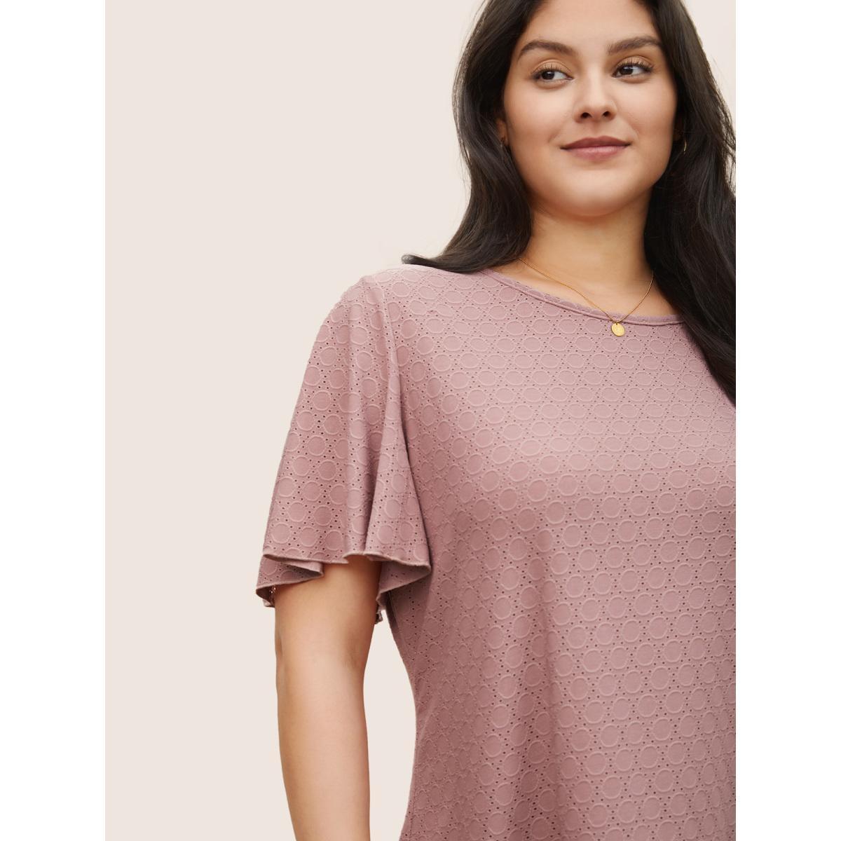 Plus Size Plain Textured Geometric Flutter Sleeve T-shirt Rouge Women Elegant Texture Plain Round Neck Everyday T-shirts BloomChic 22-24/3X Product Image