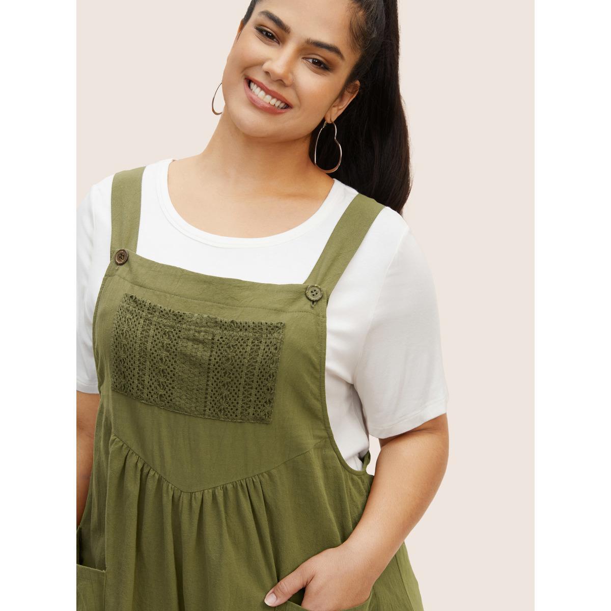 Plus Size ArmyGreen Cotton Plain Textured Patch Pocket Jumpsuit Women Casual Sleeveless Square Neck Everyday Loose Jumpsuits BloomChic 26/4X Product Image